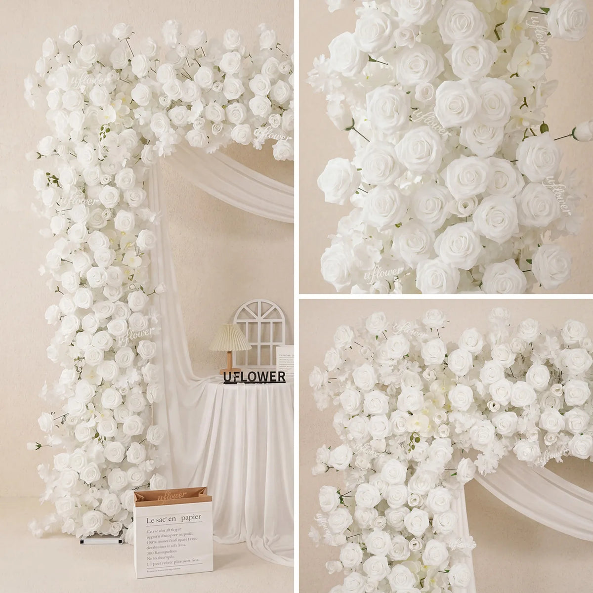 Uflower Rose Blanche Rangée de Fleurs Fond de Mariage Arche Carrée SET80256-01