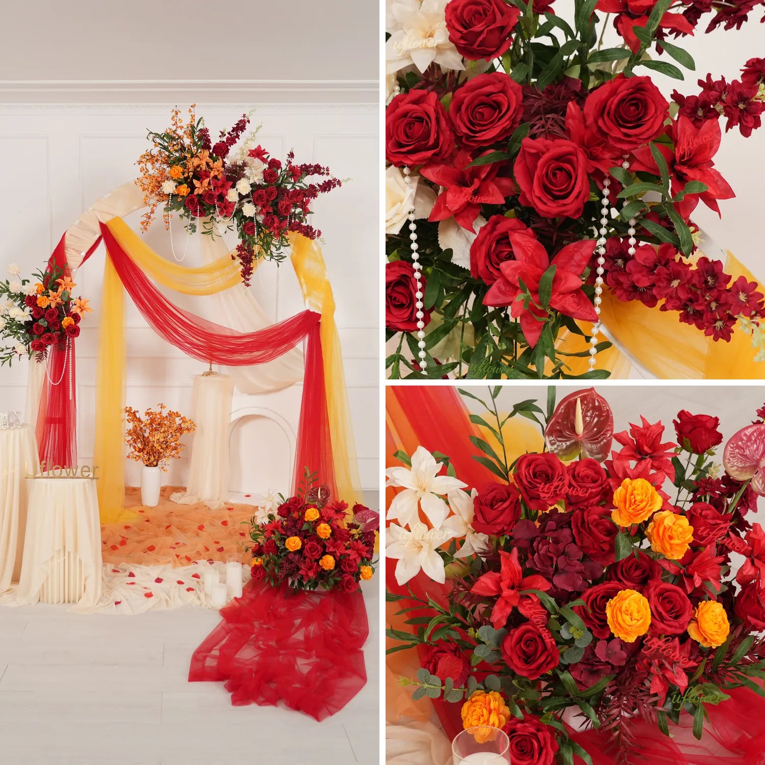 Uflower Red Orange  Flower Wedding Backdrop Arch Floral Arrangement SET80224