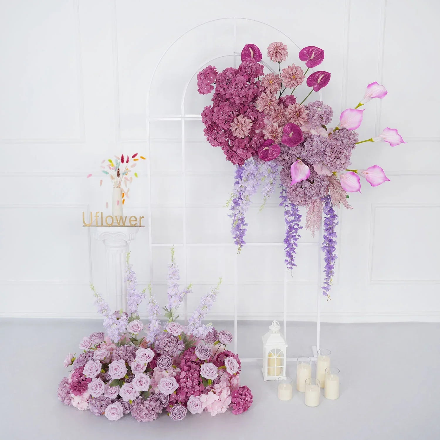 Uflower Rose Hydrangea Calla Lily Wedding Backdrop Arch Hanging Flower Row Floor Floral Arrangement SET80083 - Uflower