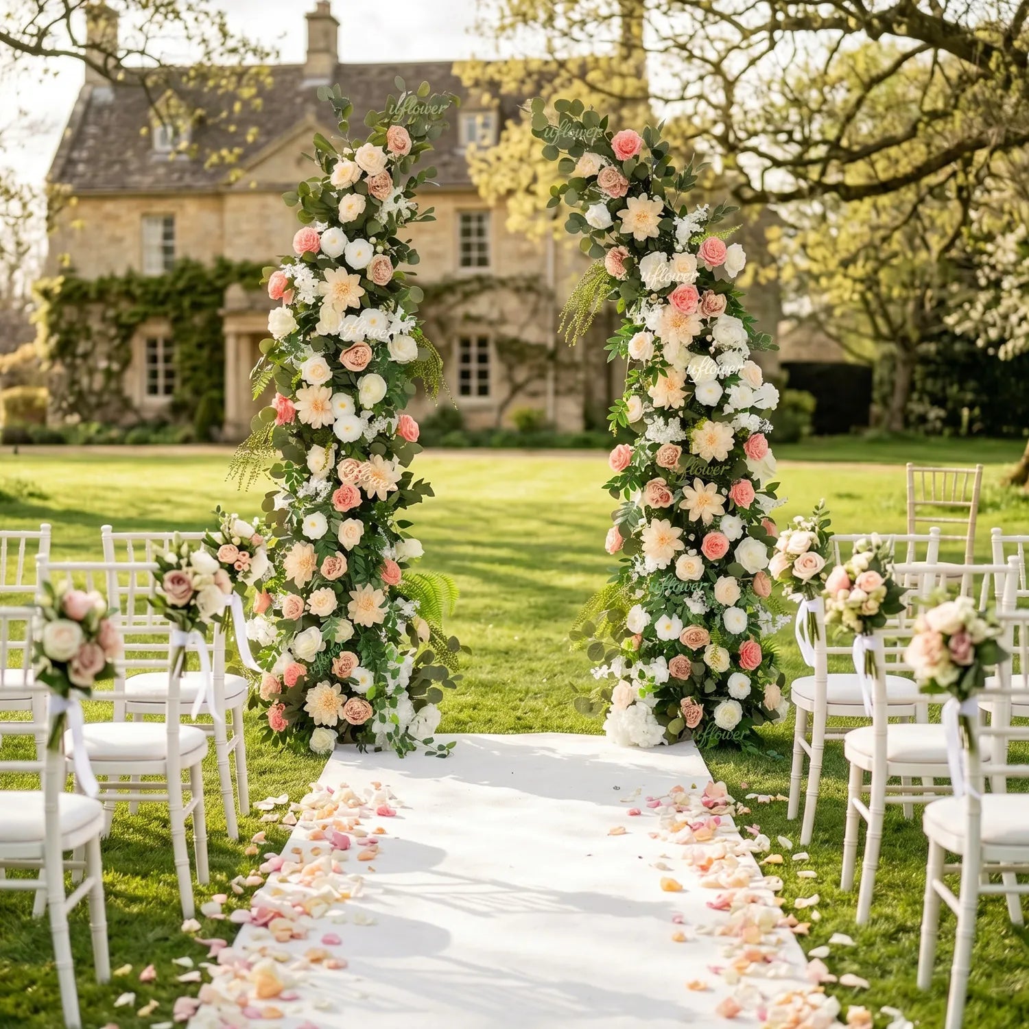 Uflower Pink White Greenery Horn Arch Wedding Backdrop Party Event Decor Props SET80252-01