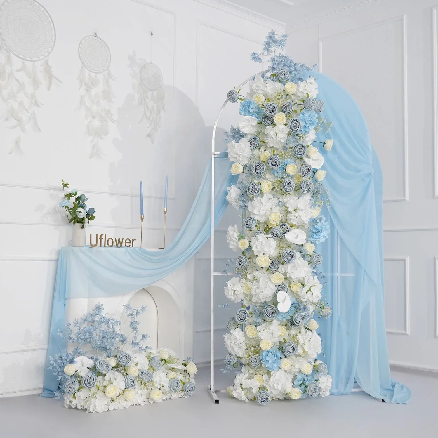 Uflower Blue White Flower Wedding Backdrop Arch Floral Arrangement SET80121 - Uflower