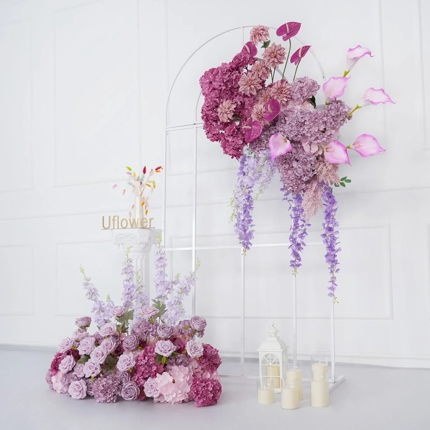 Uflower Rose Hydrangea Calla Lily Wedding Backdrop Arch Hanging Flower Row Floor Floral Arrangement SET80083 - Uflower