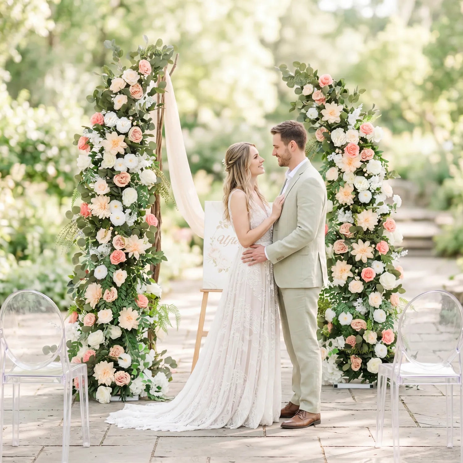 Uflower Pink White Greenery Horn Arch Wedding Backdrop Party Event Decor Props SET80252-01