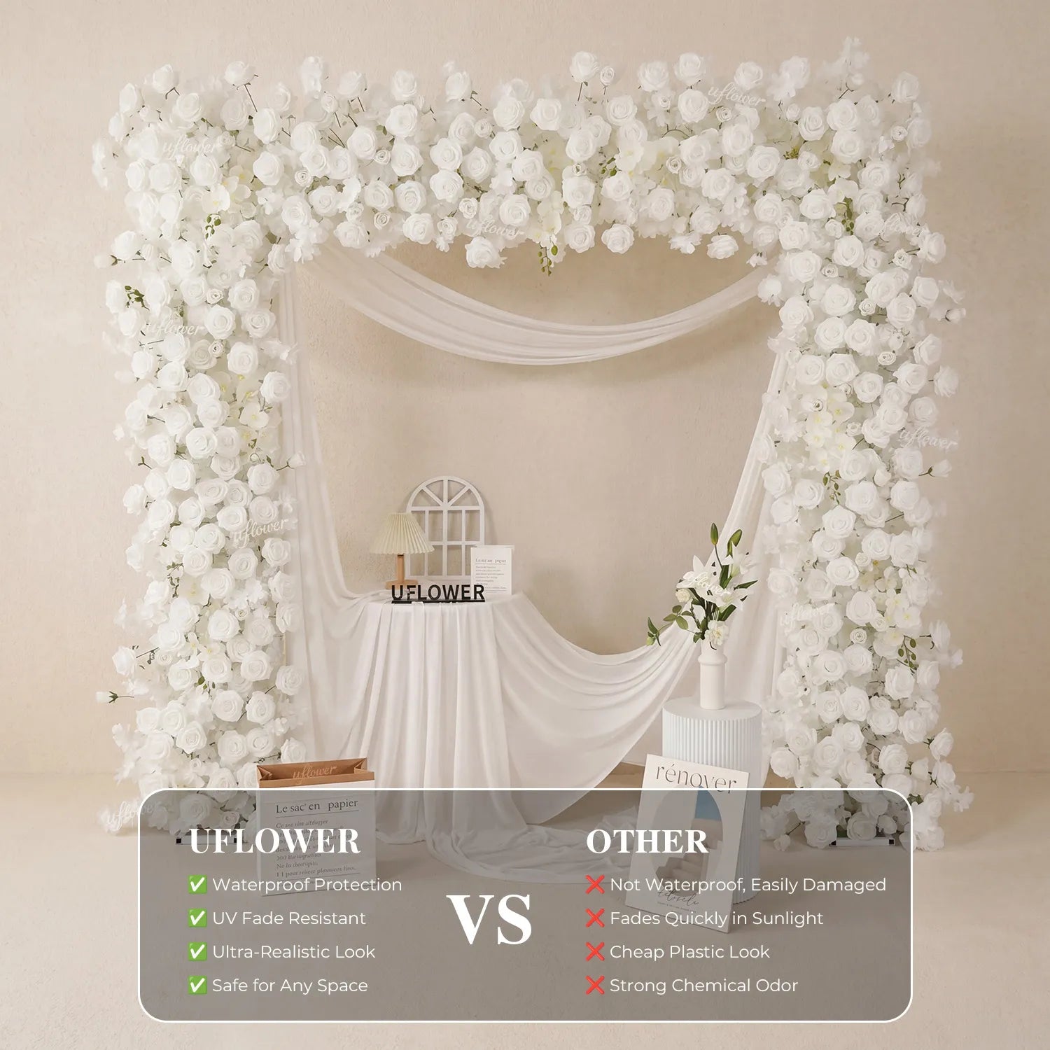 Uflower White Rose Flower Row Wedding Background Square Arch SET80256-01