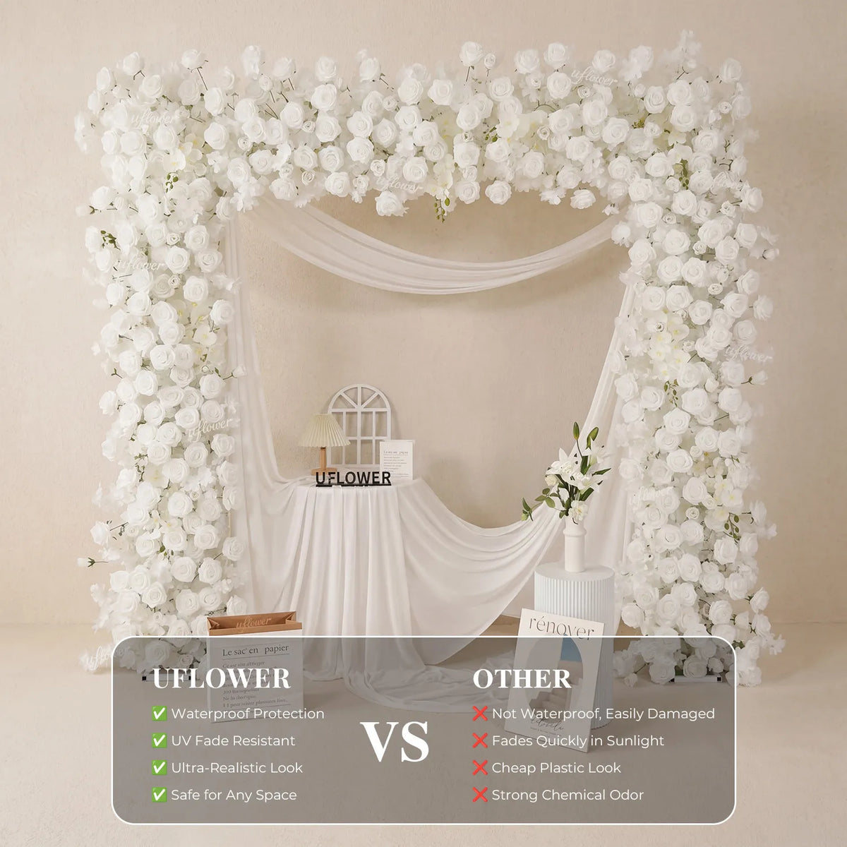 Uflower Rose Blanche Rangée de Fleurs Fond de Mariage Arche Carrée SET80256-01