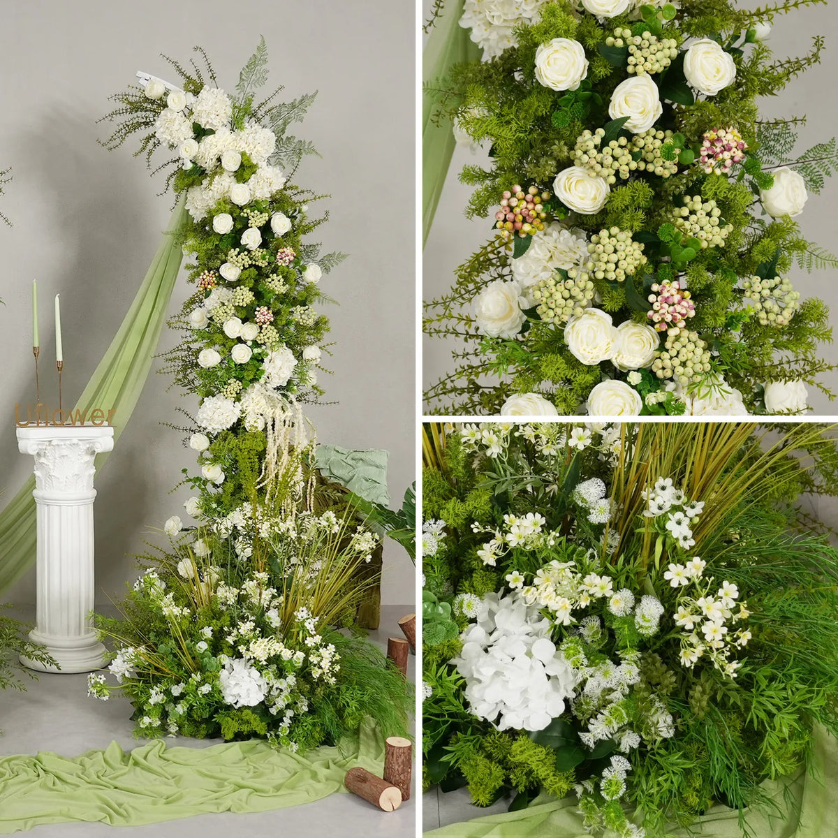 Décor de toile de fond pour fête de mariage en arche florale blanche Uflower, verdure, corne, ENSEMBLE80220