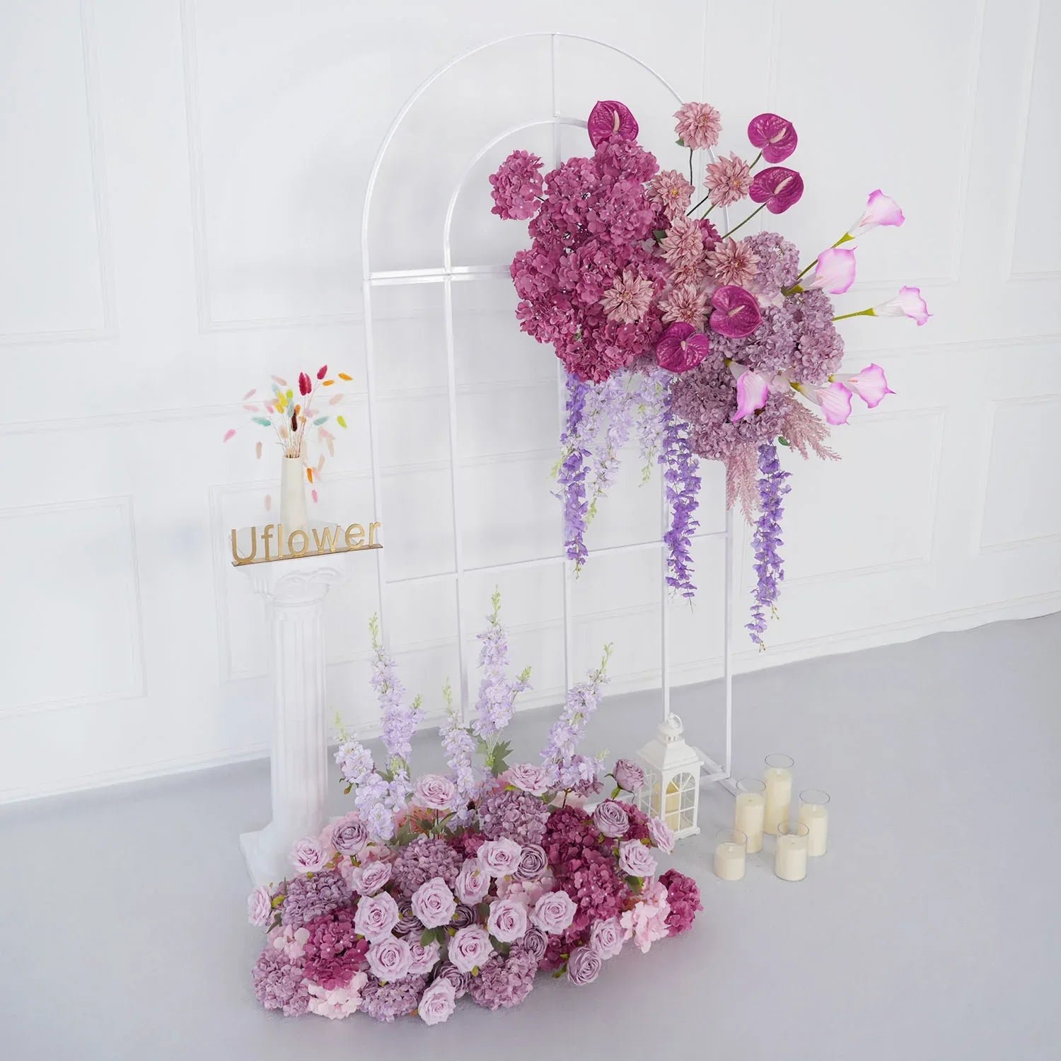 Uflower Rose Hydrangea Calla Lily Wedding Backdrop Arch Hanging Flower Row Floor Floral Arrangement SET80083 - Uflower