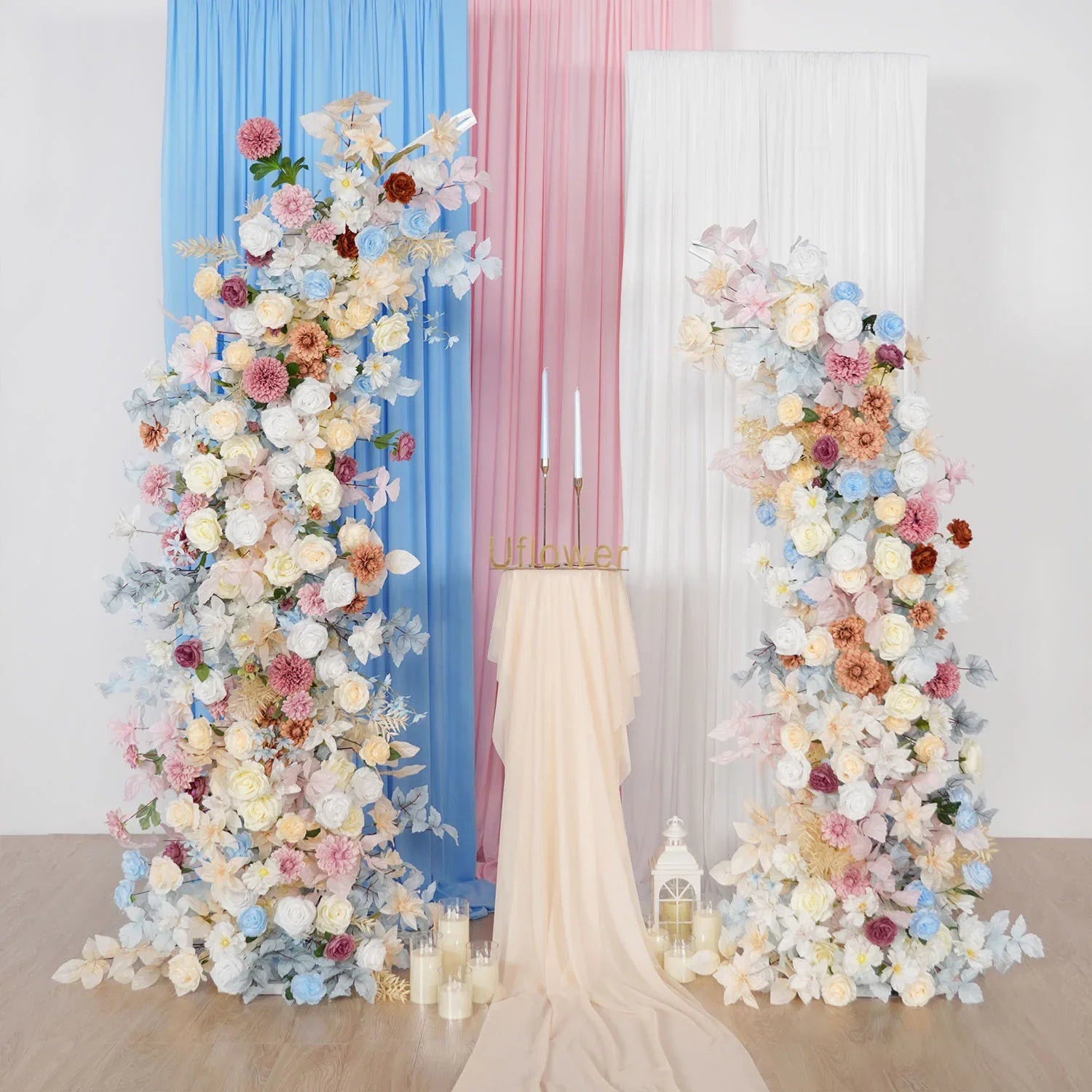 Uflower Pink Blue Champagne Horn Arch Decor Wedding Backdrop Floral Ball Arrangement SET80119 - Uflower