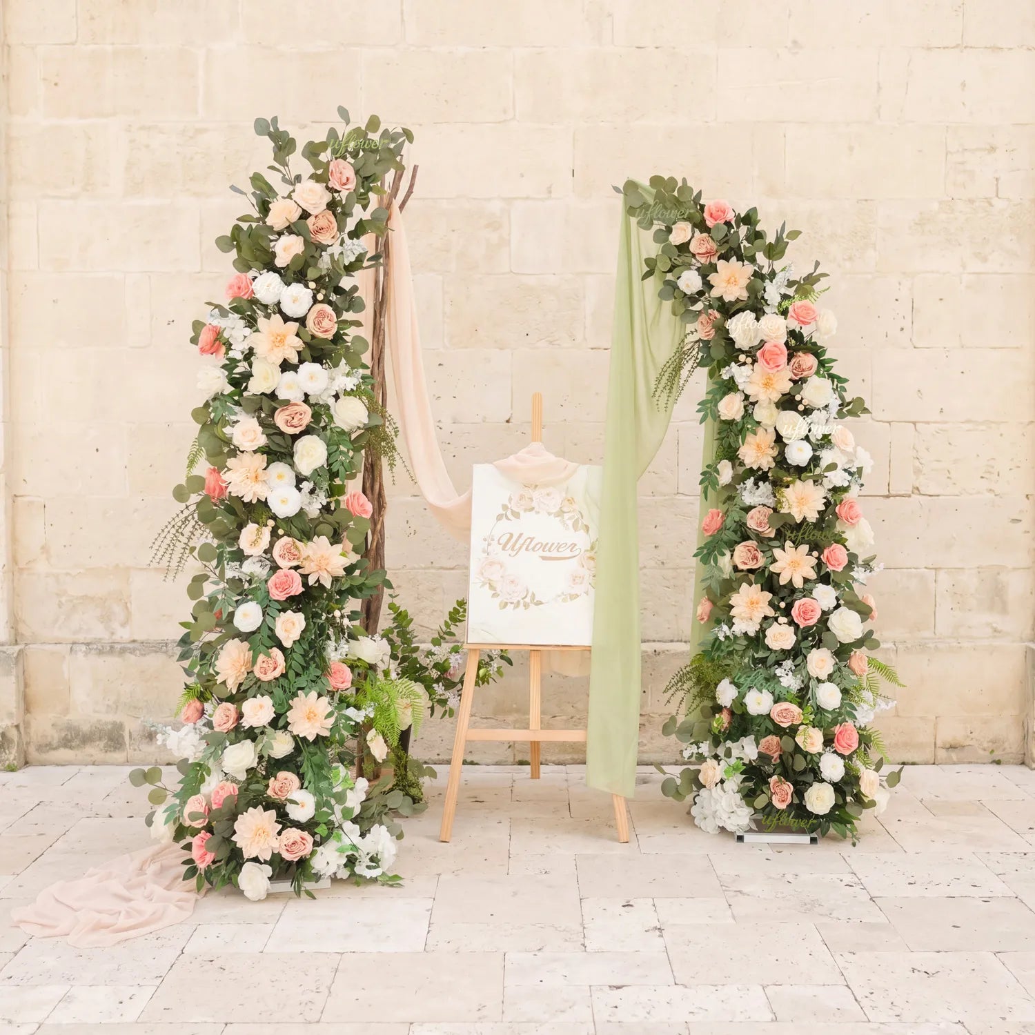 Uflower Pink White Greenery Horn Arch Wedding Backdrop Party Event Decor Props SET80252-01