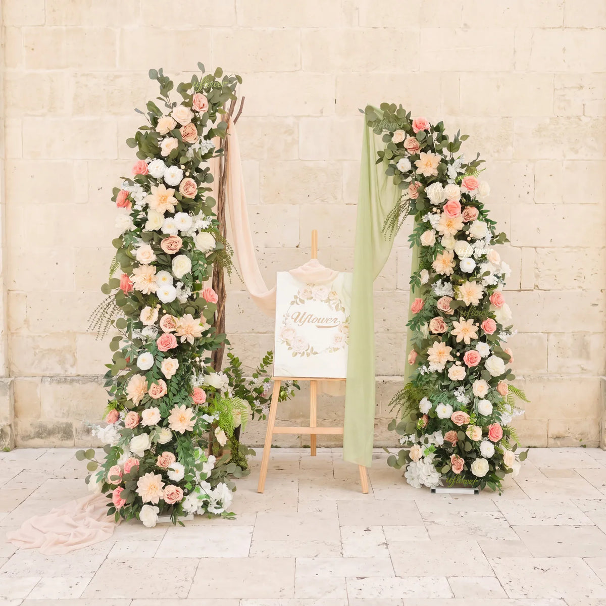 Uflower Pink White Greenery Horn Arch Wedding Backdrop Party Event Decor Props SET80252-01