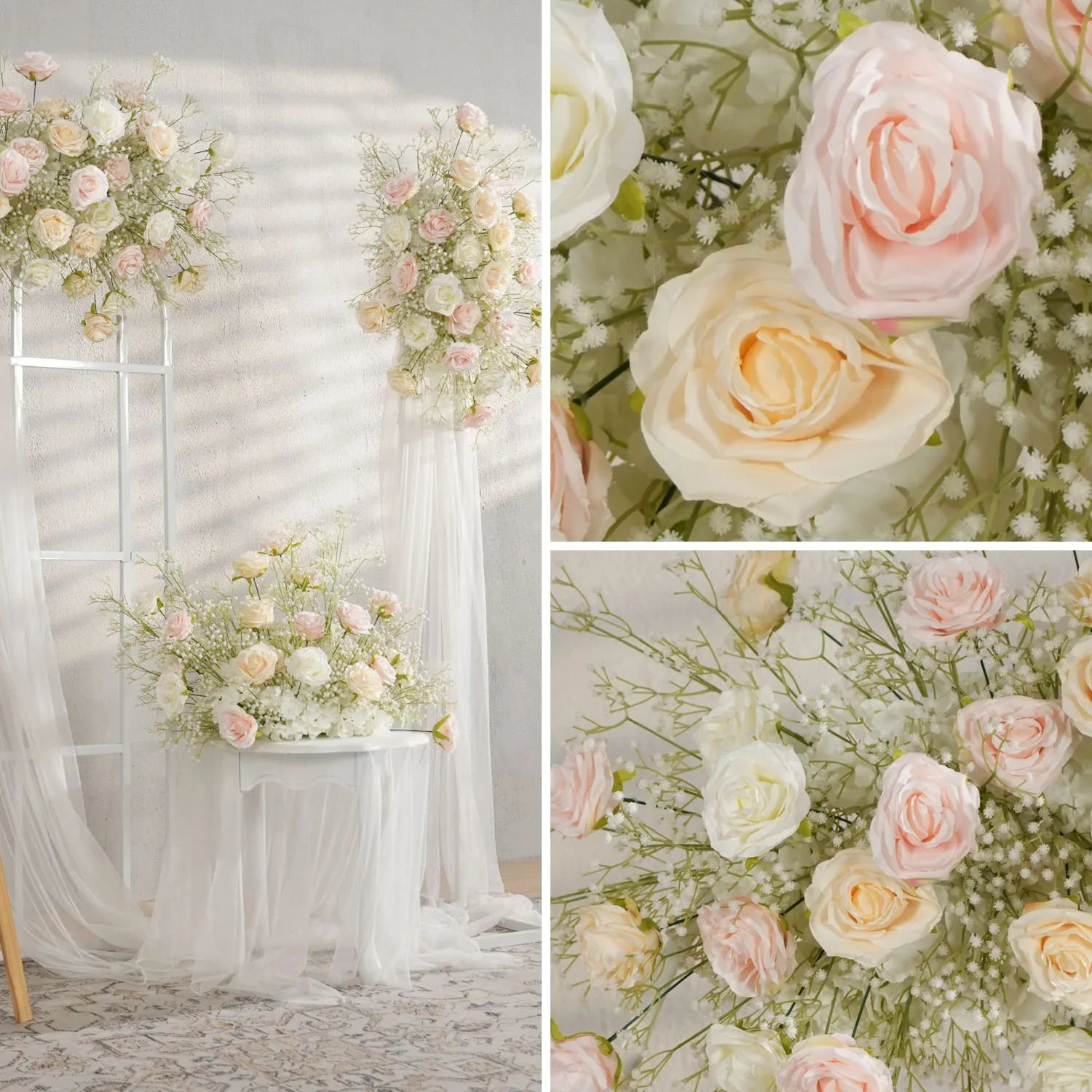 Uflower Champagne White Babysbreath Rose Arrangement Wedding KT Backdrop Decor SET80131 - Uflower