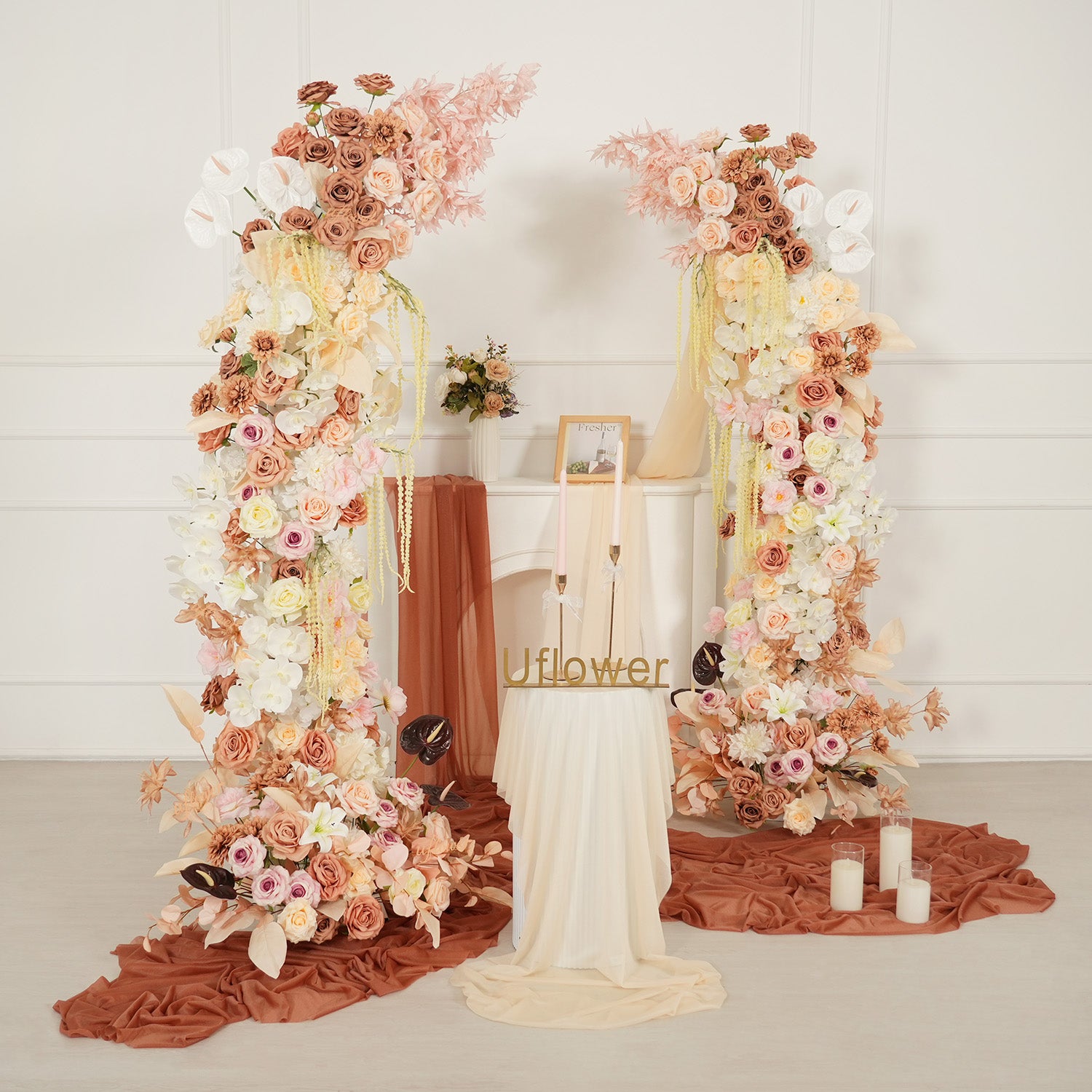 Uflower Terracotta Blush Floral Horn Arch Wedding Party Backdrop Decor SET80222