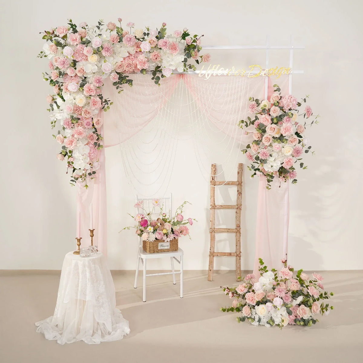 Uflower Wedding Backdrop Pink Rose Green Leaf Floral Arrangement SET80