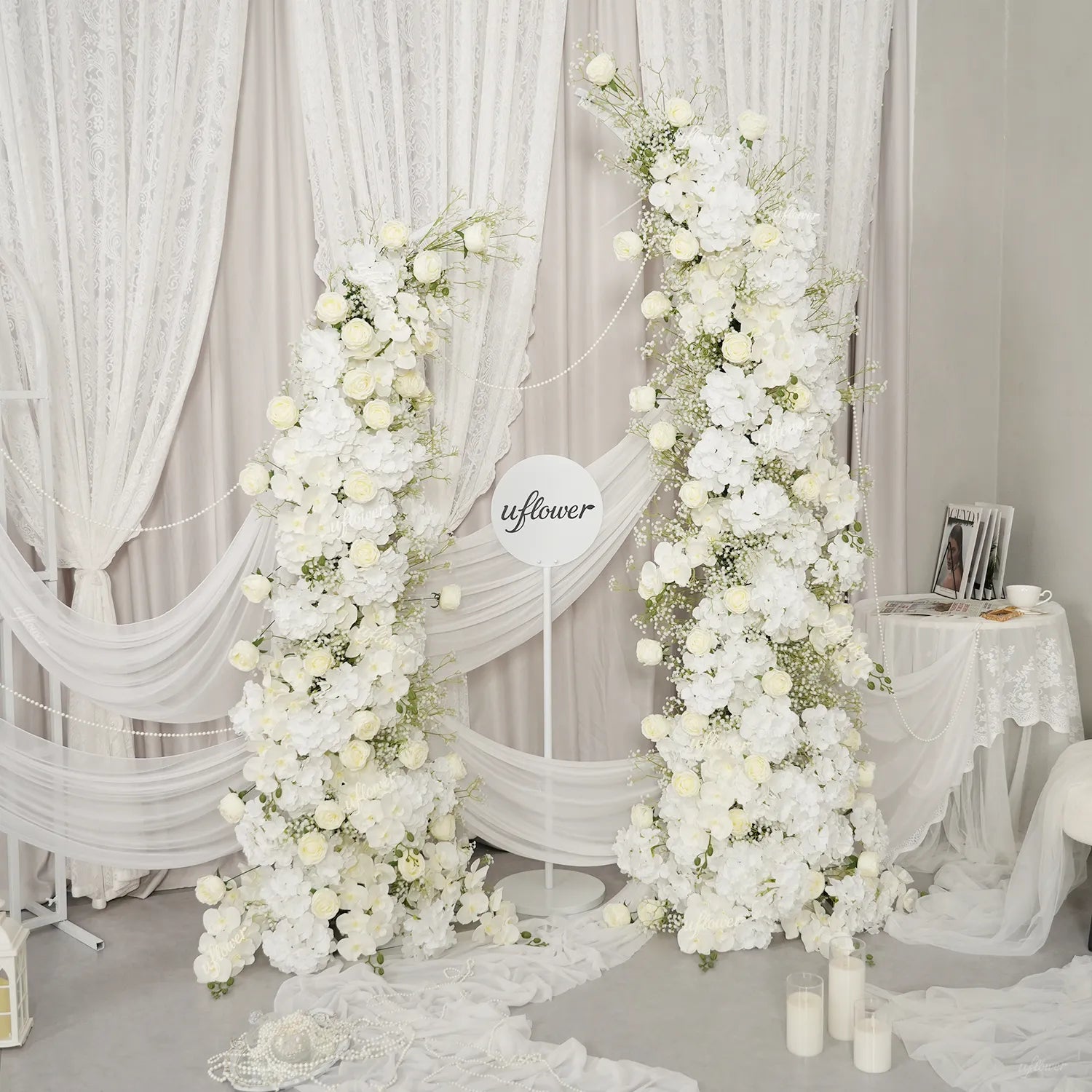Uflower Baby's Breath White Floral Horn Arch Wedding Party Backdrop Decor SET80231