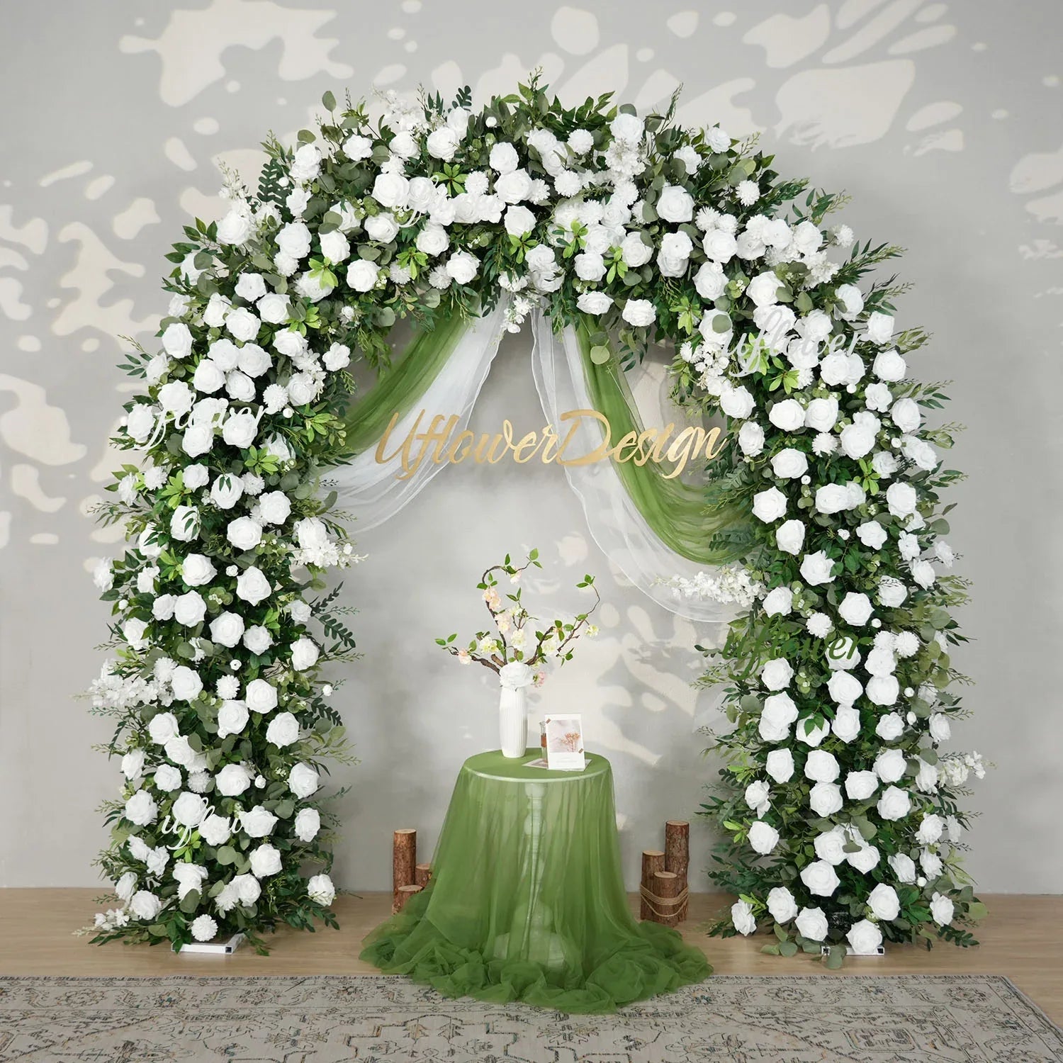 Uflower White Rose Green Leaf Floral Row Decor Wedding Backdrop Door Arch SET80147 - Uflower