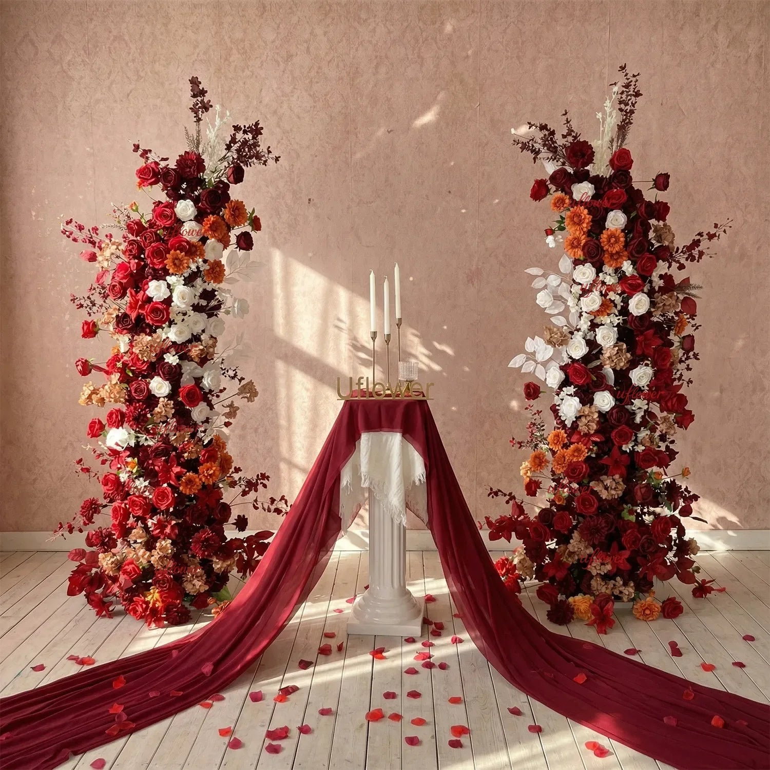 Uflower Autumn Red Rose Floral Arrangement Horn Arch Wedding Backdrop Decor SET80134 - Uflower