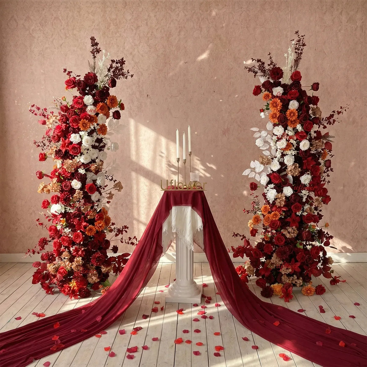 Uflower Autumn Red Rose Floral Arrangement Horn Arch Wedding Backdrop Decor SET80134 - Uflower