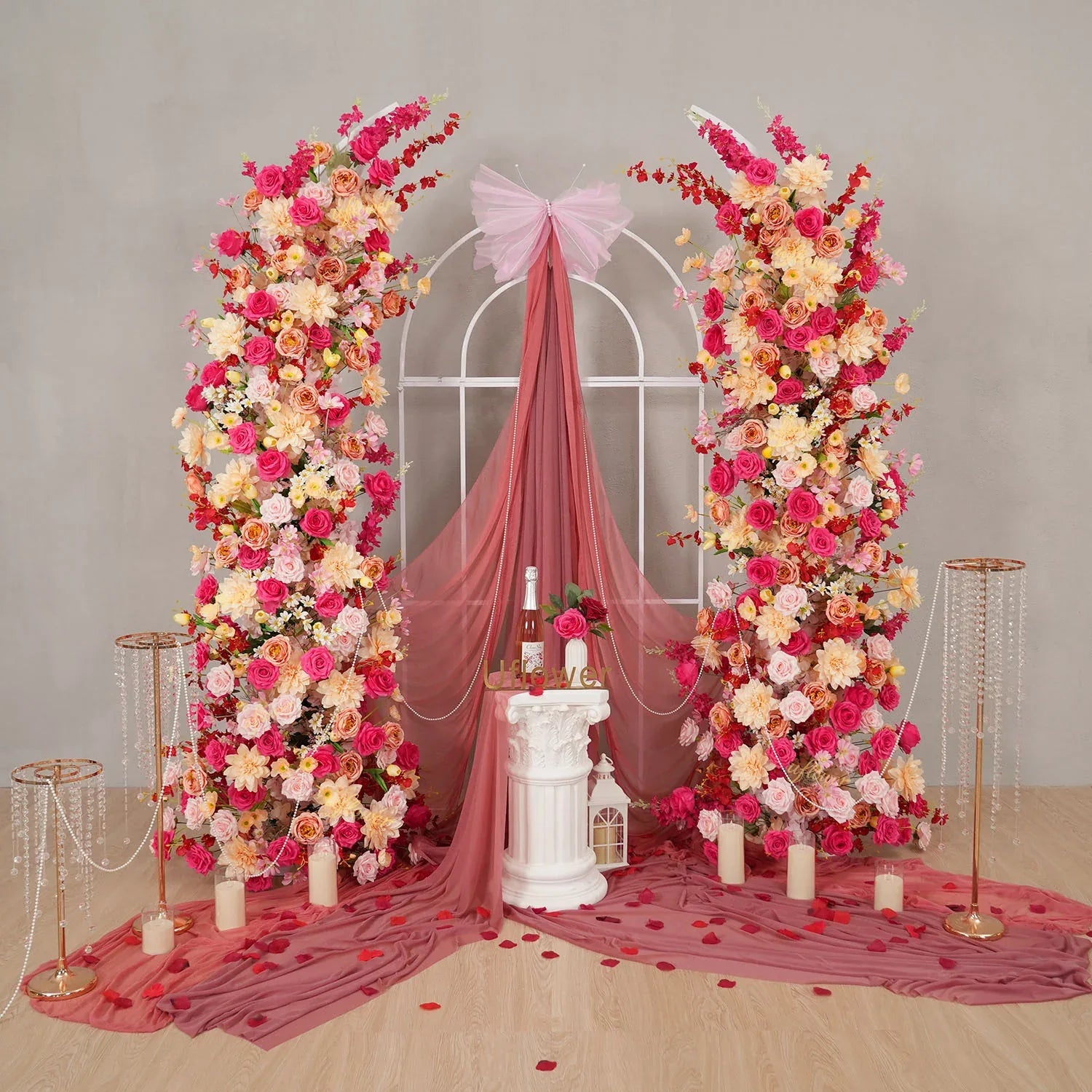 Uflower Champagne Pink Flower Horn Arch Wedding Party Birthday Backdrop Decor SET80176-02 - Uflower