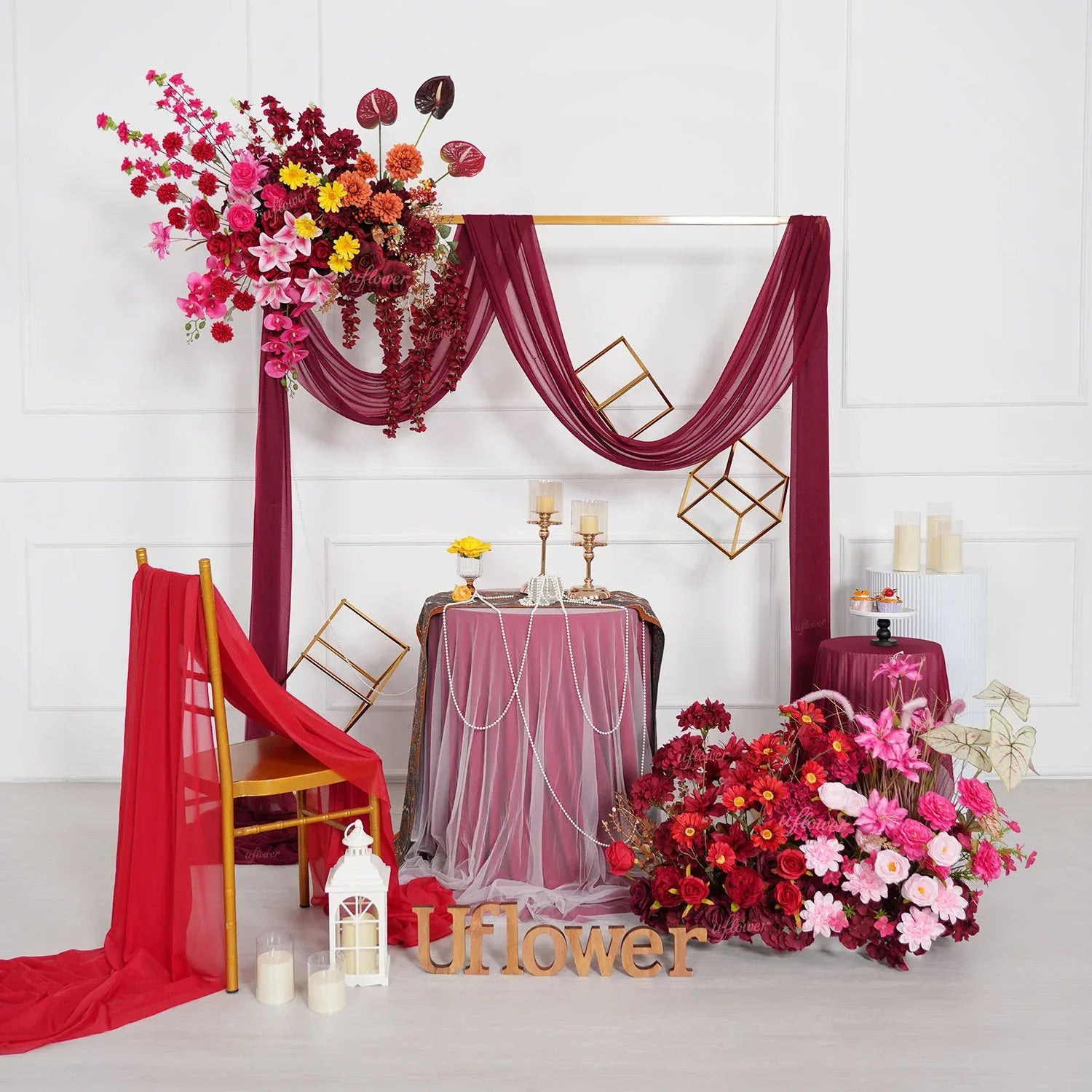 Uflower Red Pink Flower Arrangement Wedding Party Backdrop Floral Props SET80190 - Uflower
