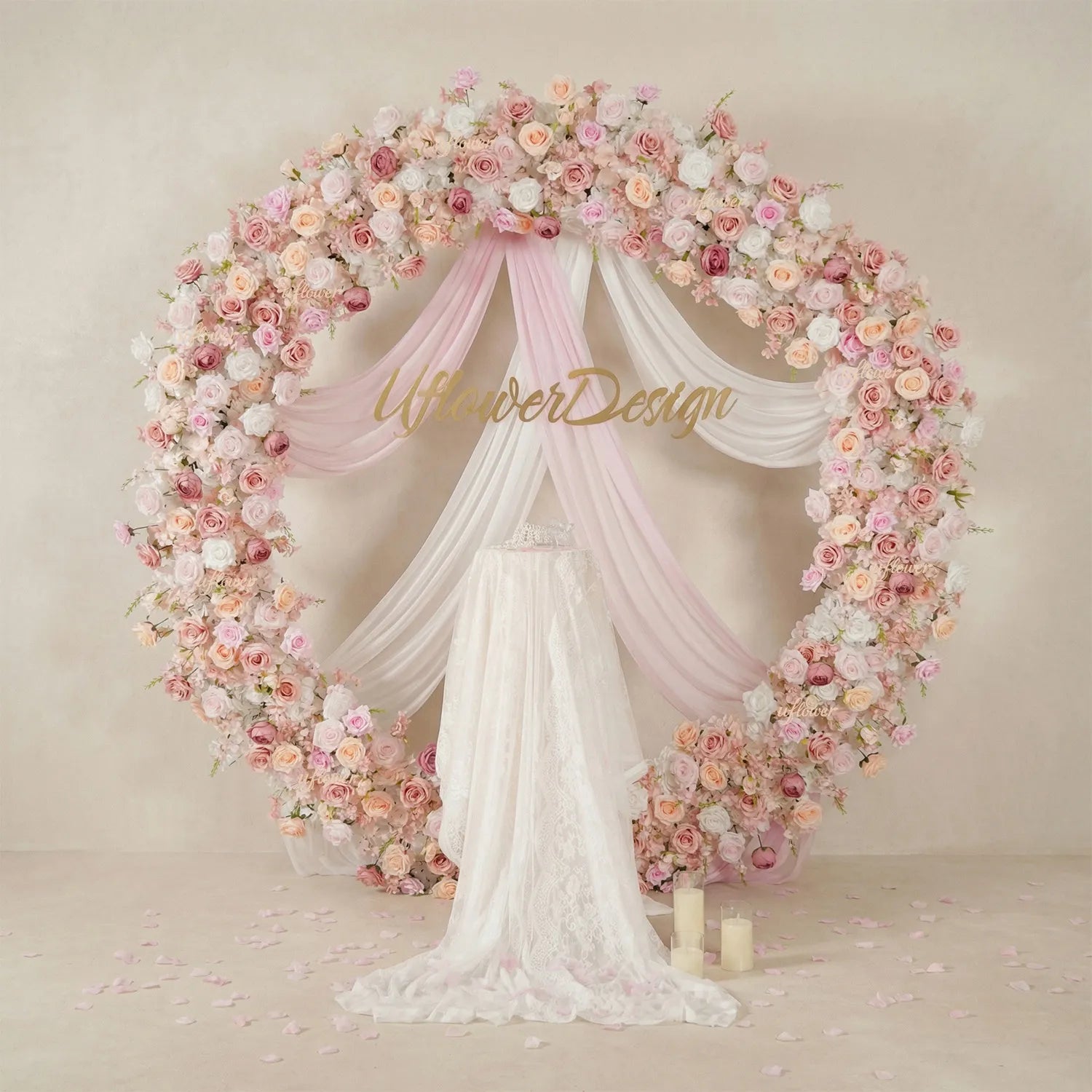 Uflower Pink White Rose Flower Arrangement Table Runner Wedding Round Arch SET80184