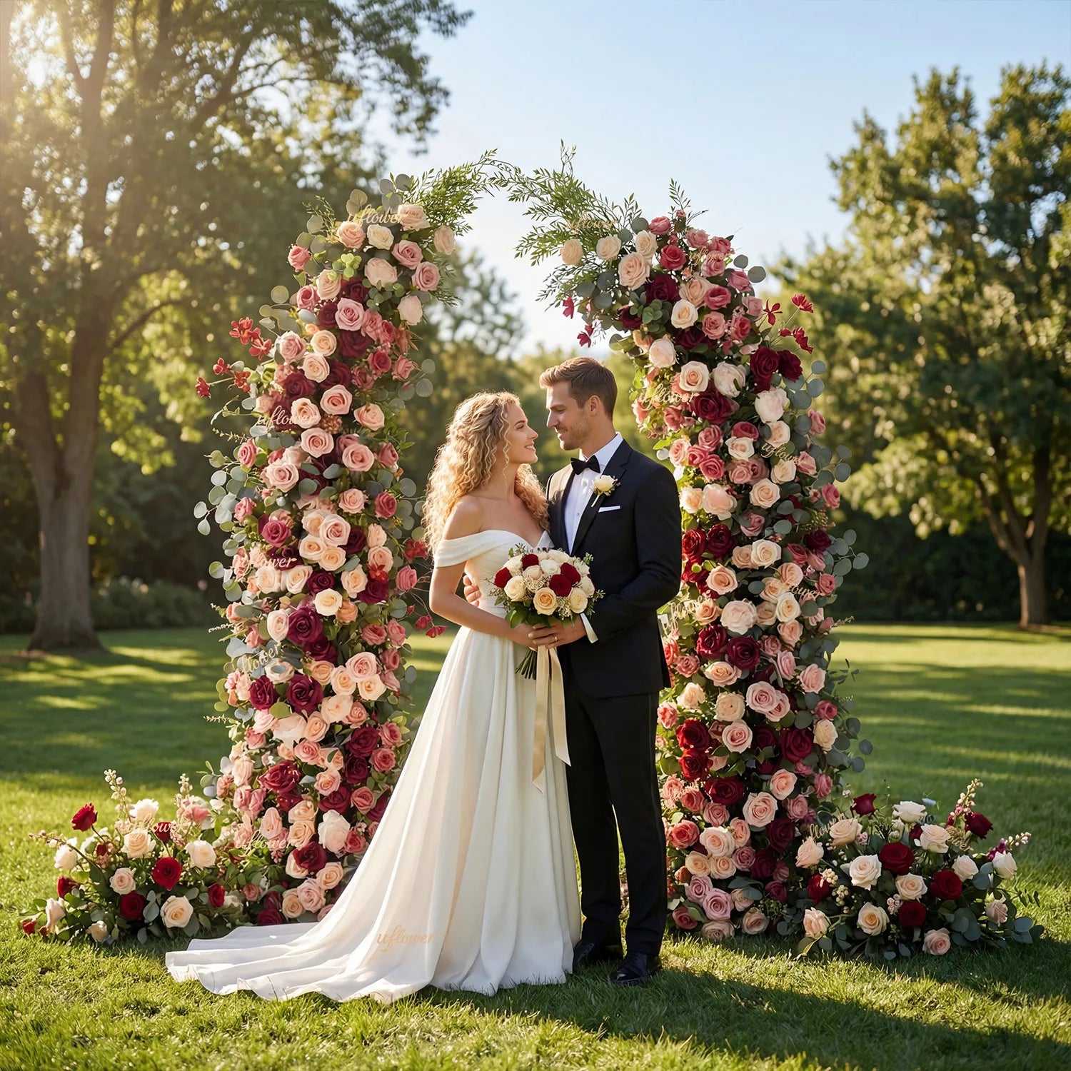 Uflower Pink Red Rose Floral Horn Arch Wedding Party Backdrop Decor SET80229