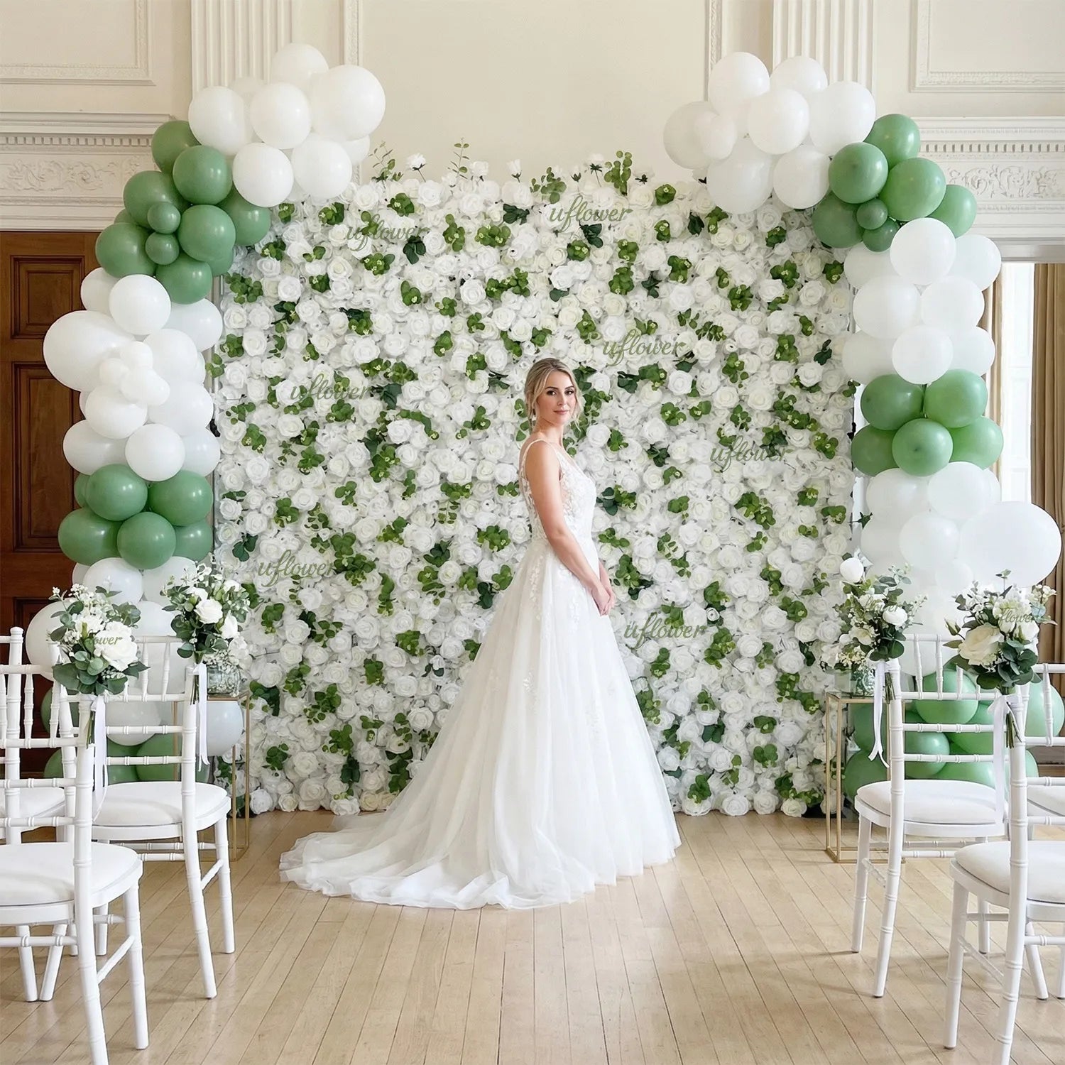 Uflower Artificial White Rose Wall Wedding Backdrop Decor SET80089