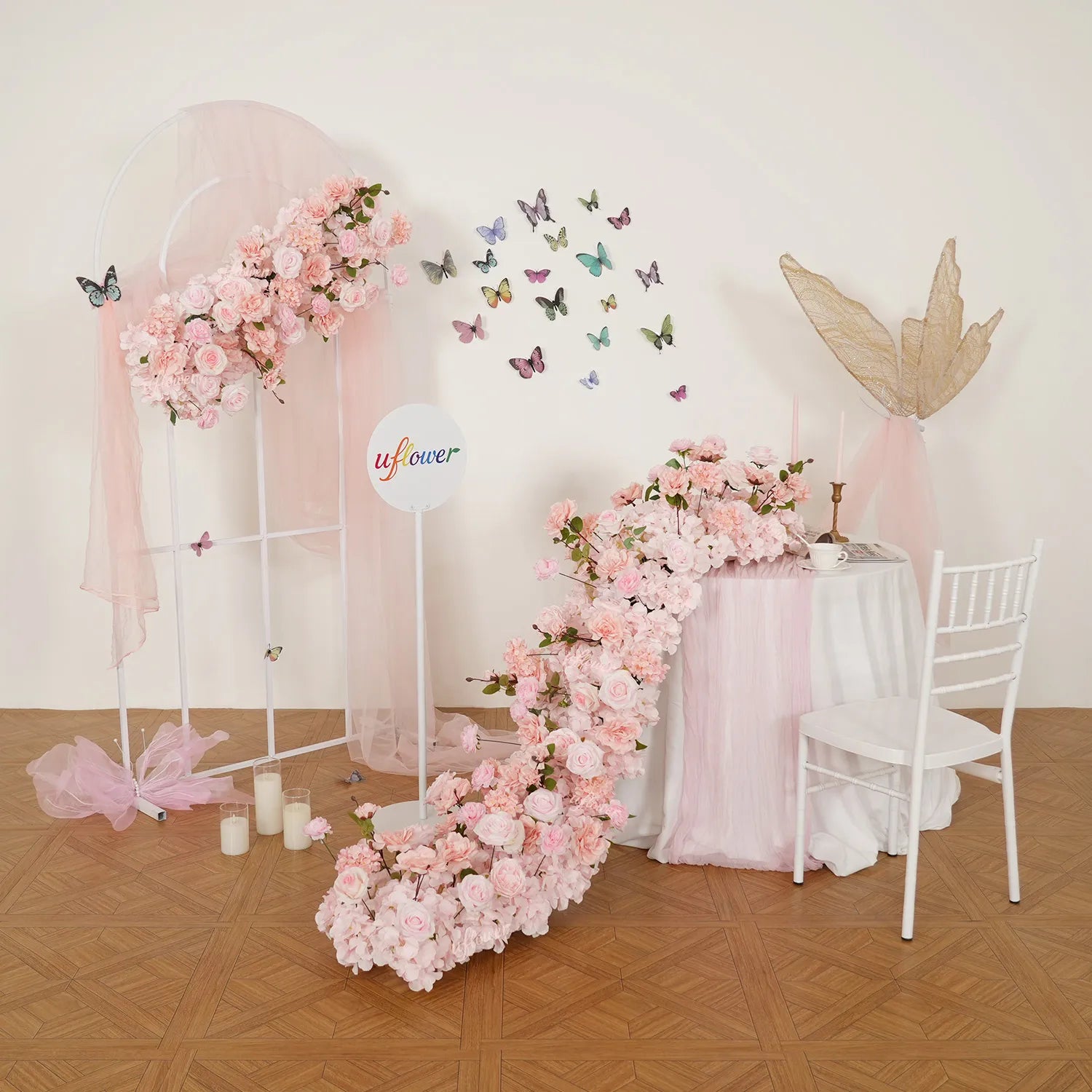 Uflower Pink Rose Table Runner Sofa Floral Wedding Backdrop Decor SET80213