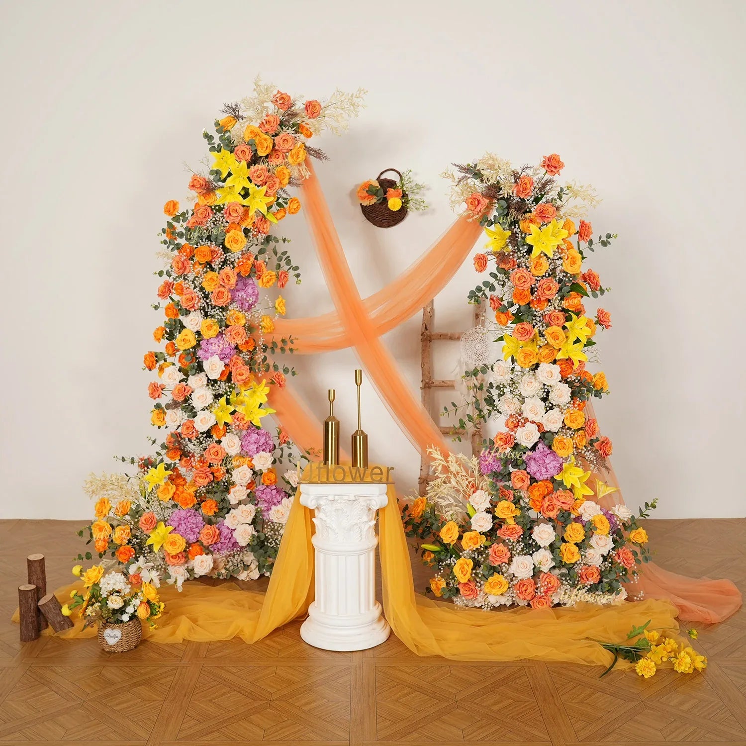 Uflower Orange Yellow Flower Horn Arch Wedding Party Birthday Backdrop Decor SET80139 - Uflower