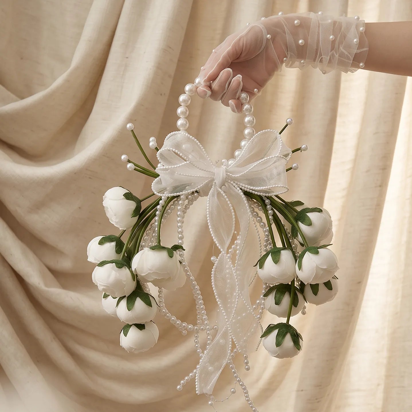 Uflower Wedding Handheld Pearl Floral Wreath