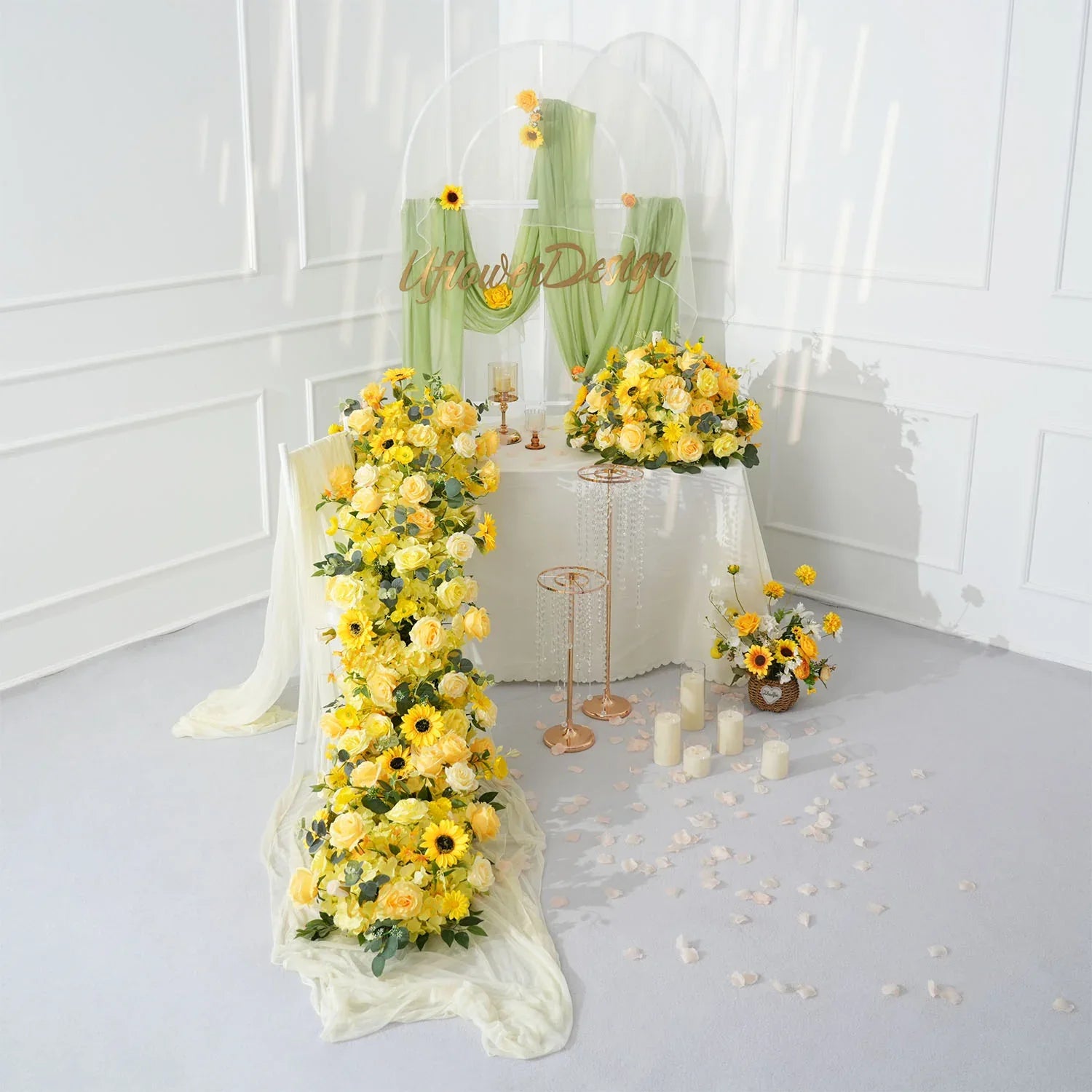 Uflower Yellow Rose Sunflower Table Runner Sofa Floral Wedding Backdrop Decor SET80150 - Uflower