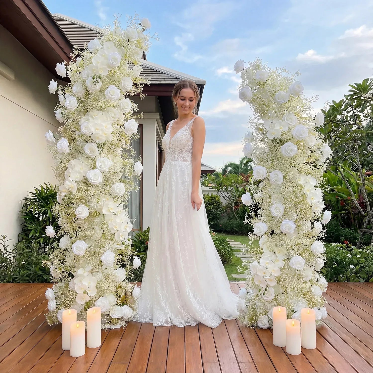 White Flower Row Decor Wedding Backdrop Horn Arch SET80087 - Uflower