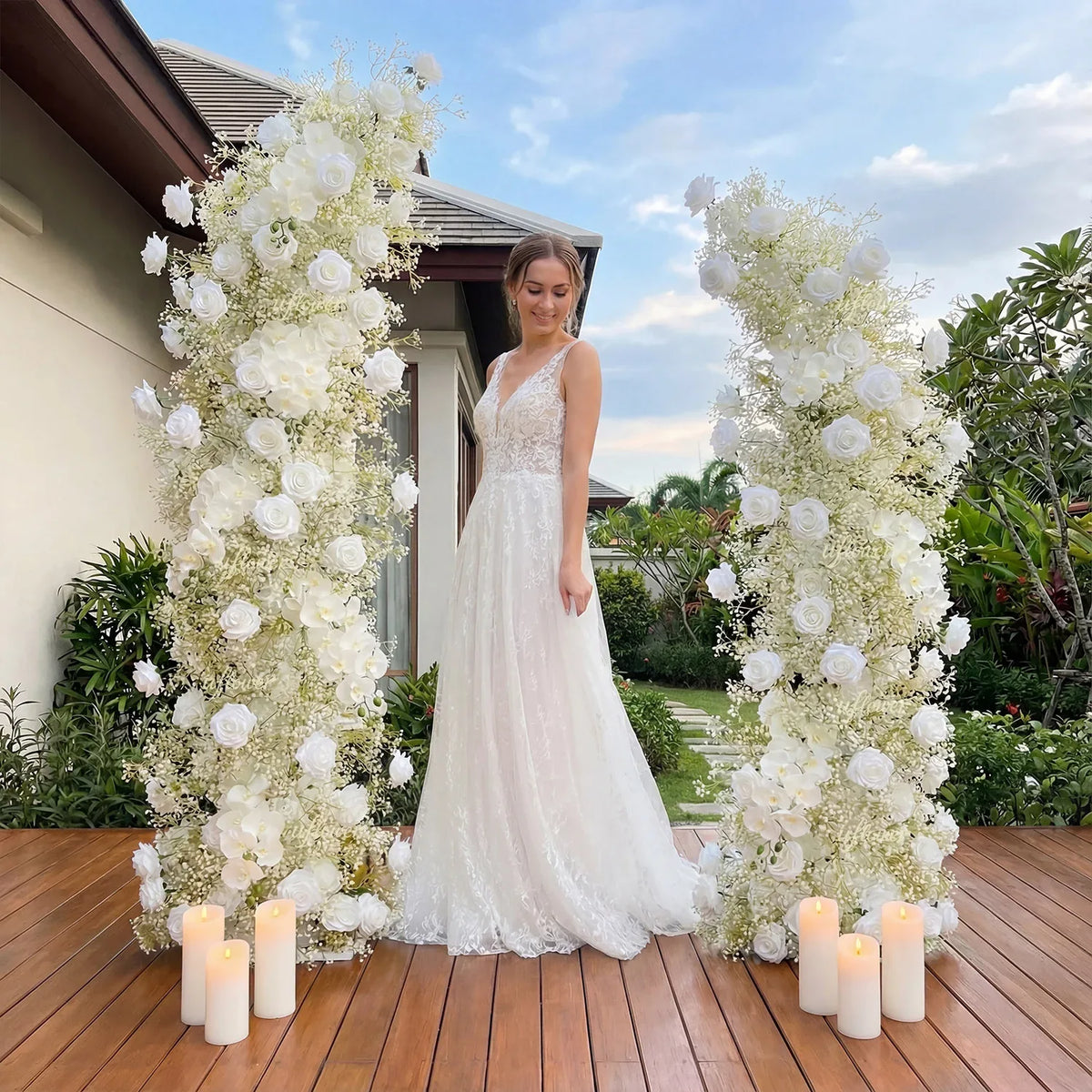 White Flower Row Decor Wedding Backdrop Horn Arch SET80087 - Uflower