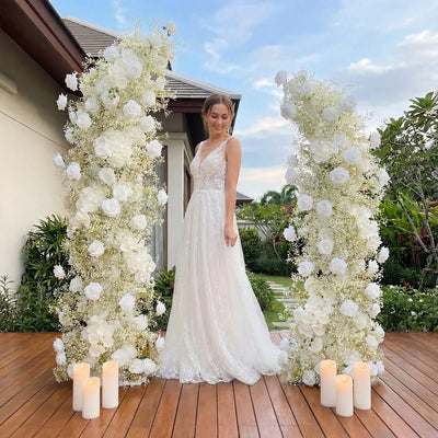 White Flower Row Decor Wedding Backdrop Horn Arch SET80087 - Uflower