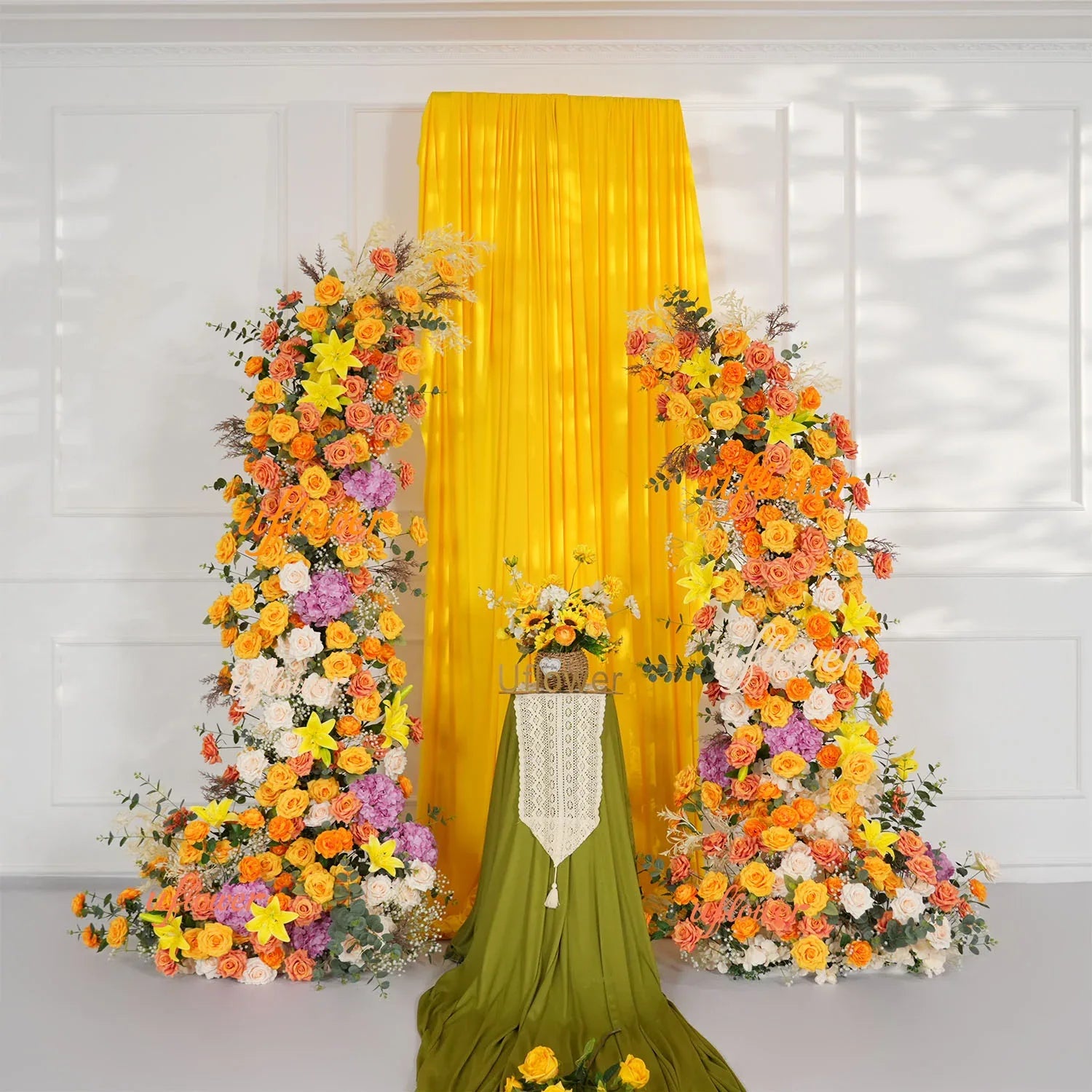 Uflower Orange Yellow Flower Row Wedding Backdrop Horn Arch Party Event Decor Props SET80139 - Uflower