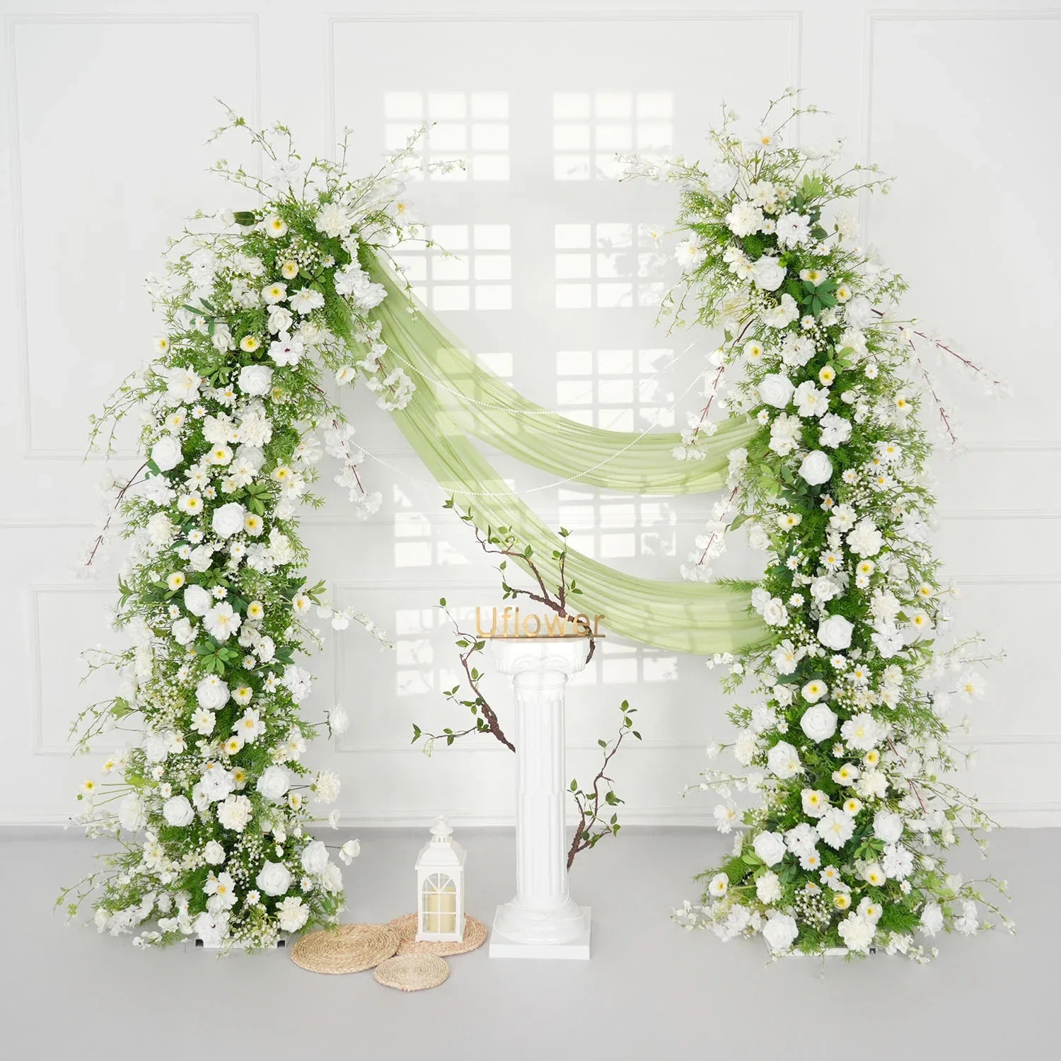Uflower Green White Floral Horn Arch Wedding Party Backdrop Decor SET80127 - Uflower