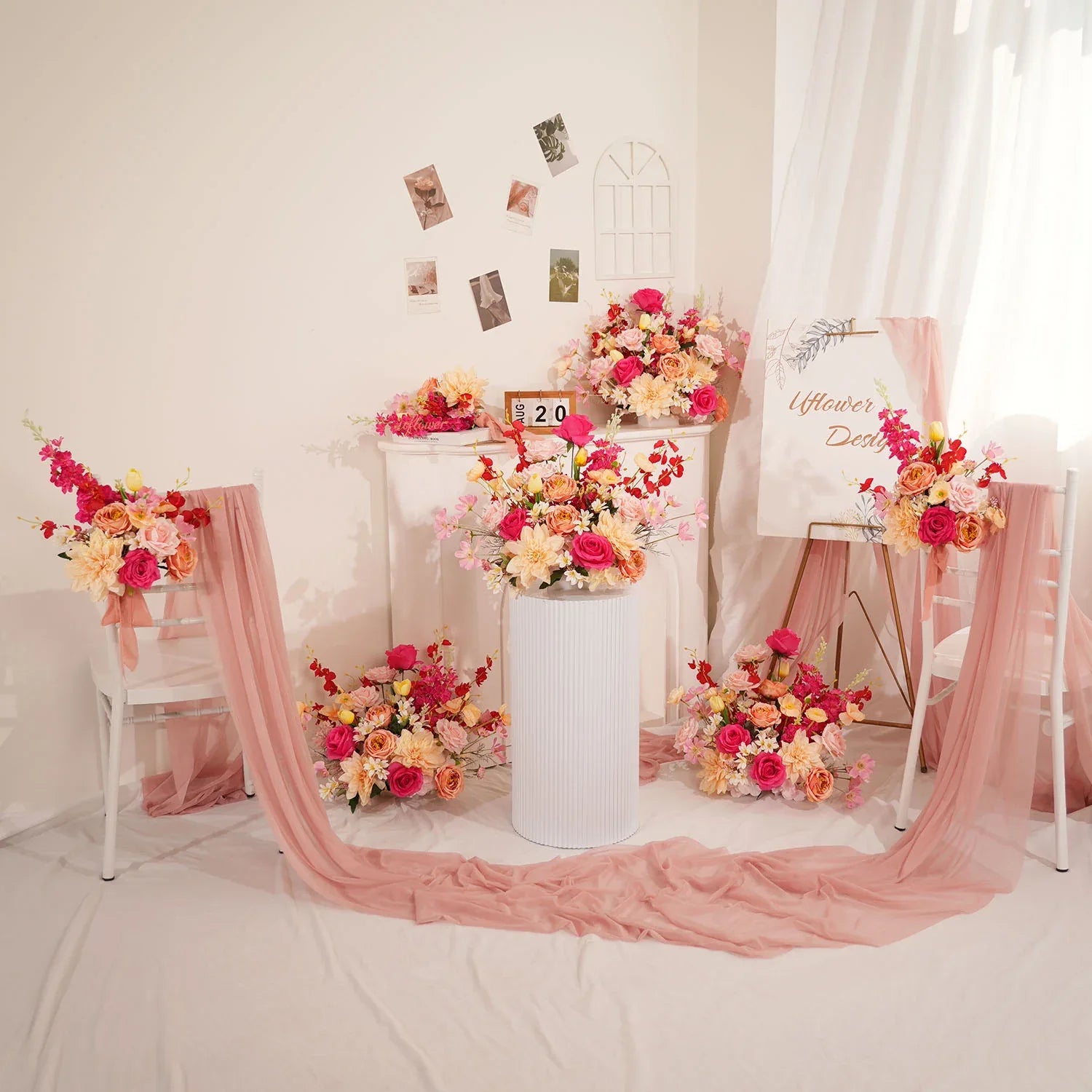Uflower Champagne Pink Flower Arrangement Wedding Party Backdrop Floral Props SET80176-01 - Uflower
