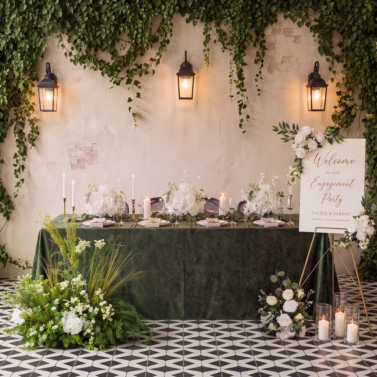 Elegant Wedding Floral Decor – Ground Flowers, Centerpieces & Welcome Sign