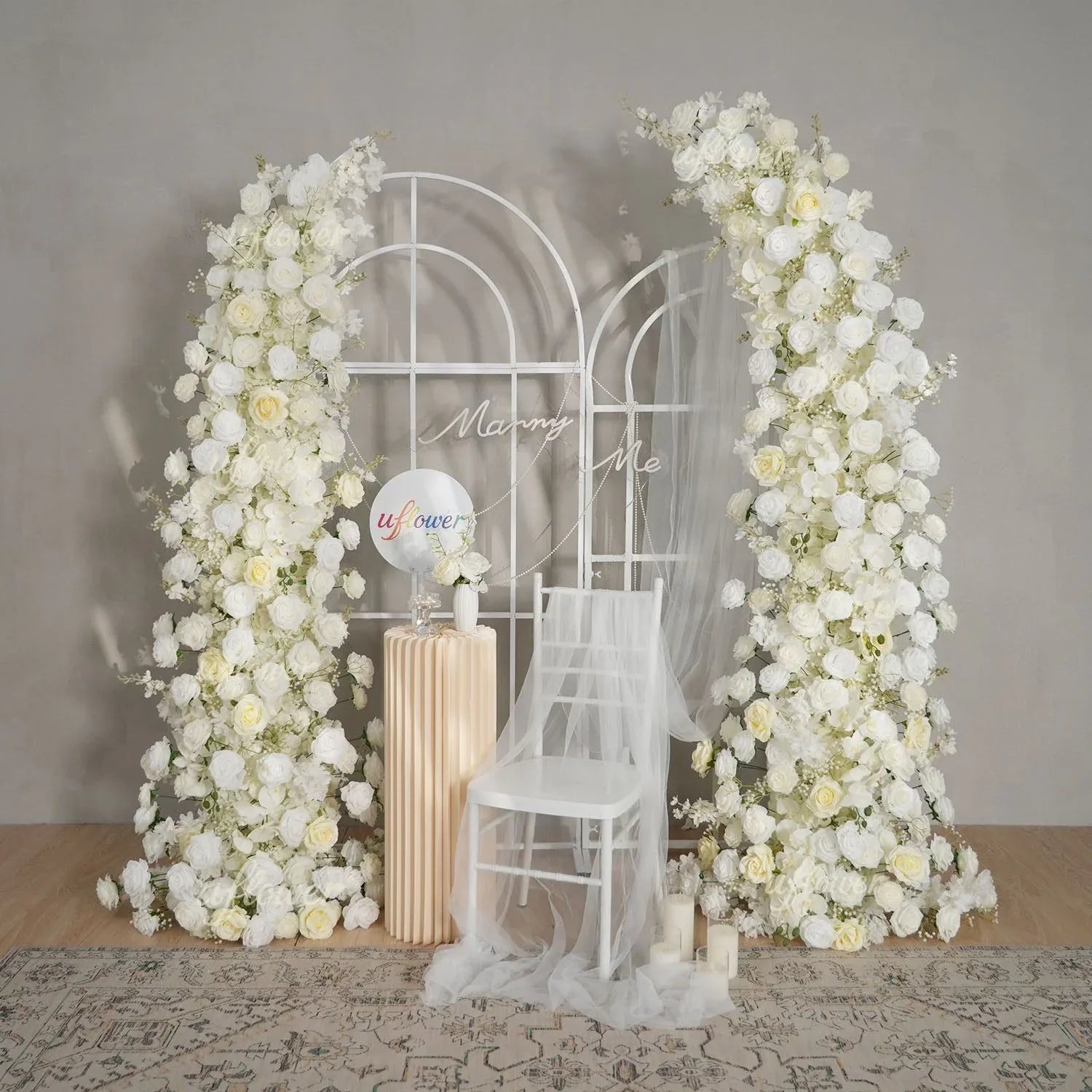 Uflower White Rose Horn Arch Floral Arrangement Wedding Backdrop Decor SET80162 - Uflower