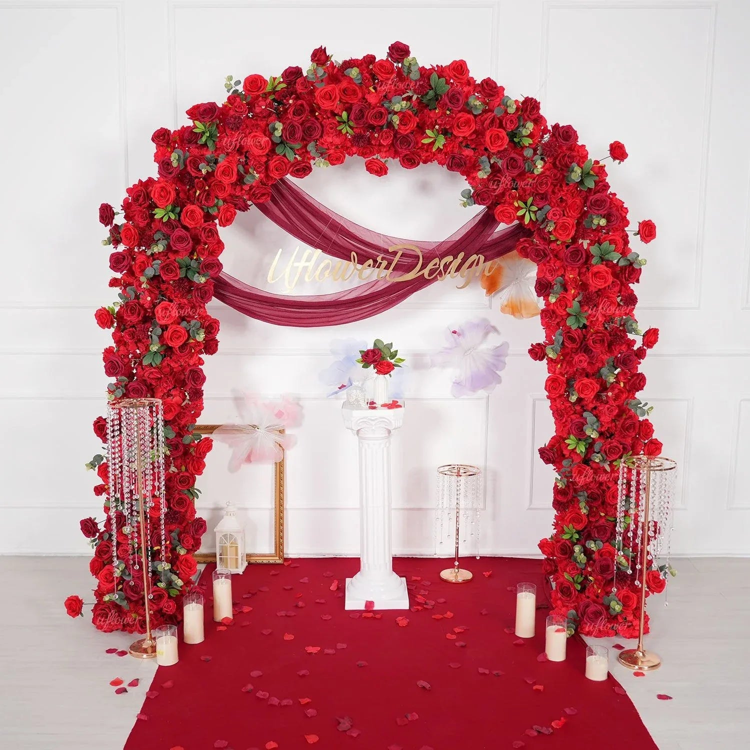 Uflower Red Rose Greenery Floral Door Arch Wedding Party Backdrop Decoration SET80174 - Uflower