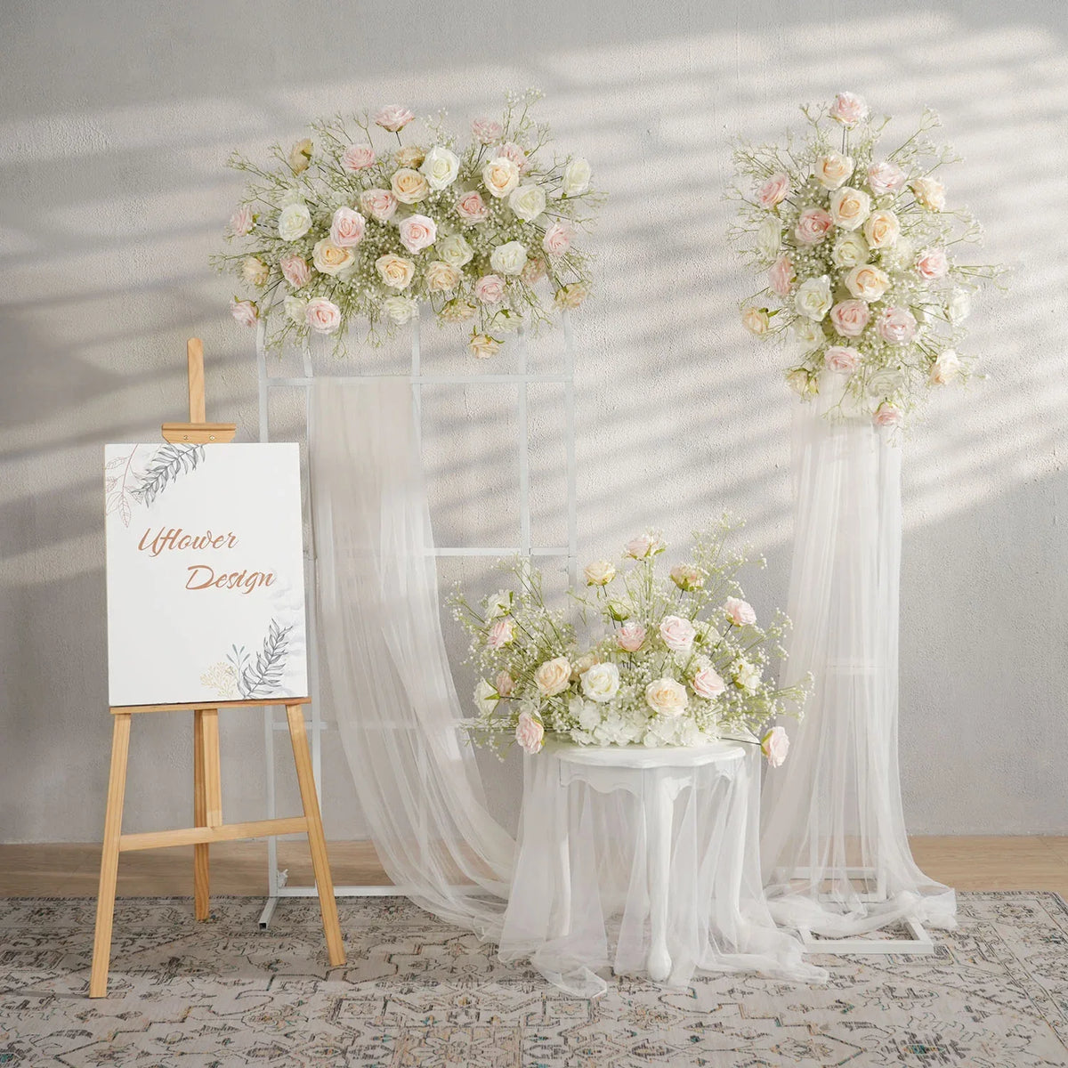 Uflower Champagne White Babysbreath Rose Arrangement Wedding KT Backdrop Decor SET80131 - Uflower