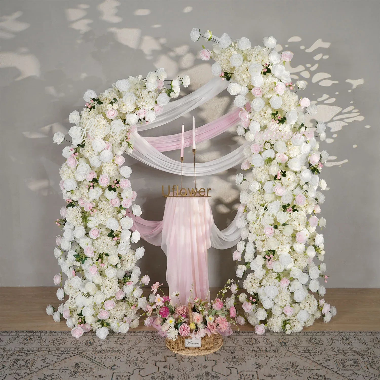 Uflower Pink White Rose Floral Horn Arch Wedding Party Backdrop Decor SET80143 - Uflower