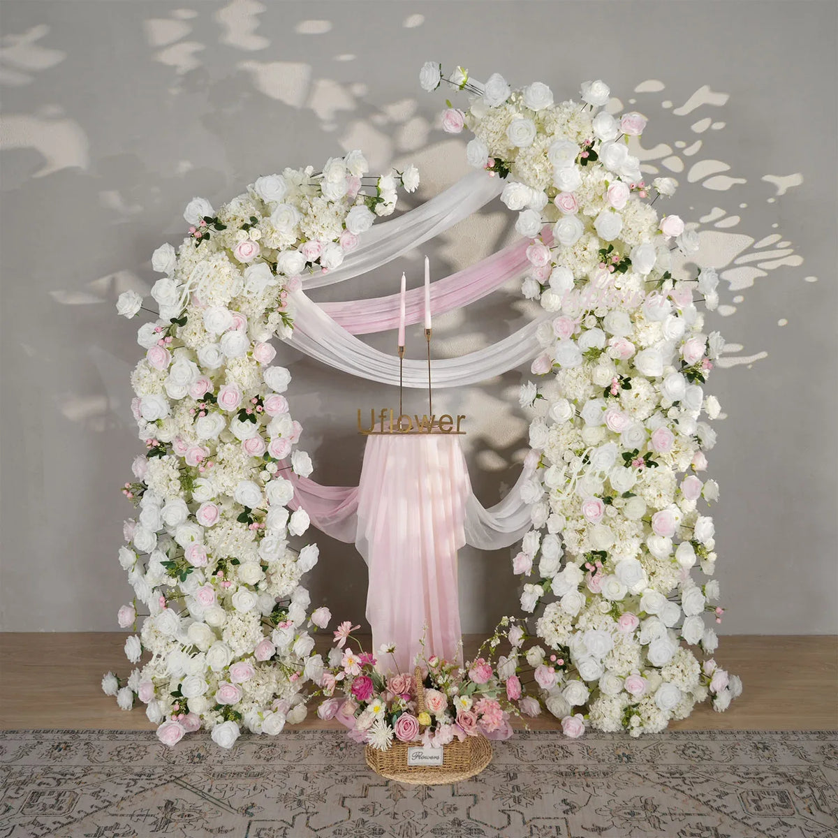 Uflower Pink White Rose Floral Horn Arch Wedding Party Backdrop Decor SET80143 - Uflower