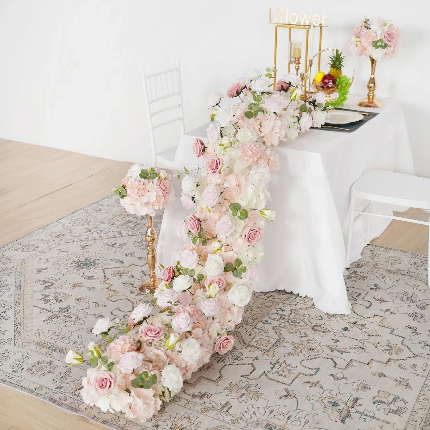 Uflower Pink Rose Table Runner Sofa Floral Wedding Backdrop Decor SET80096 - Uflower