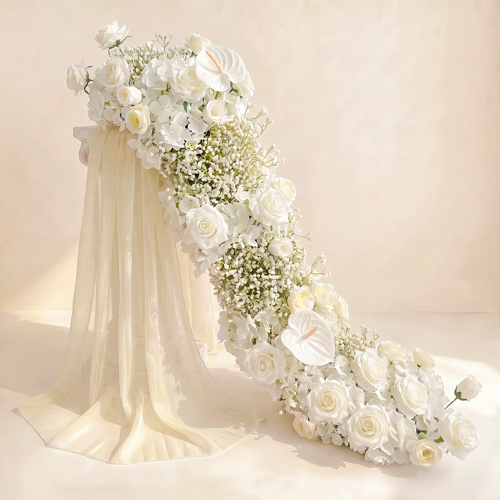 Uflower White Rose Baby's Breath Flower Row with Drapes MC89009-01