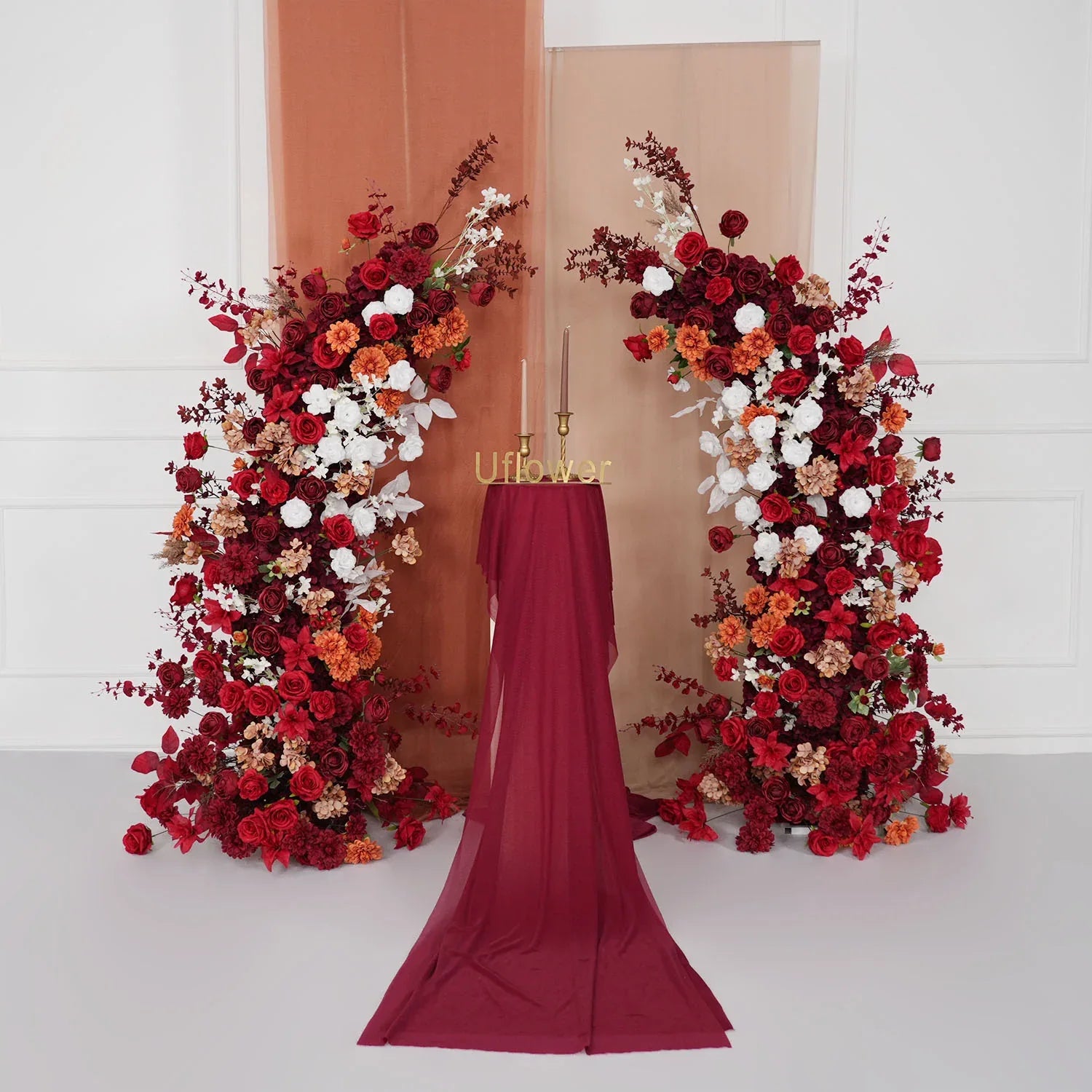 Uflower Autumn Red Rose Floral Arrangement Horn Arch Wedding Backdrop Decor SET80134 - Uflower