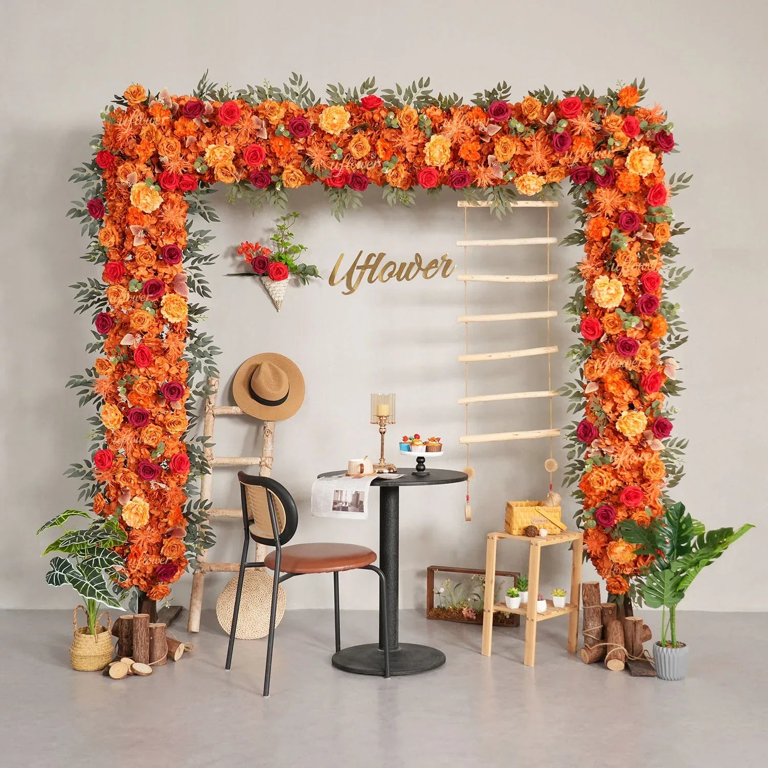Uflower Orange Red Rose Floral Square Arch Wedding Party Ceremony Backdrop Decor SET80194 - Uflower