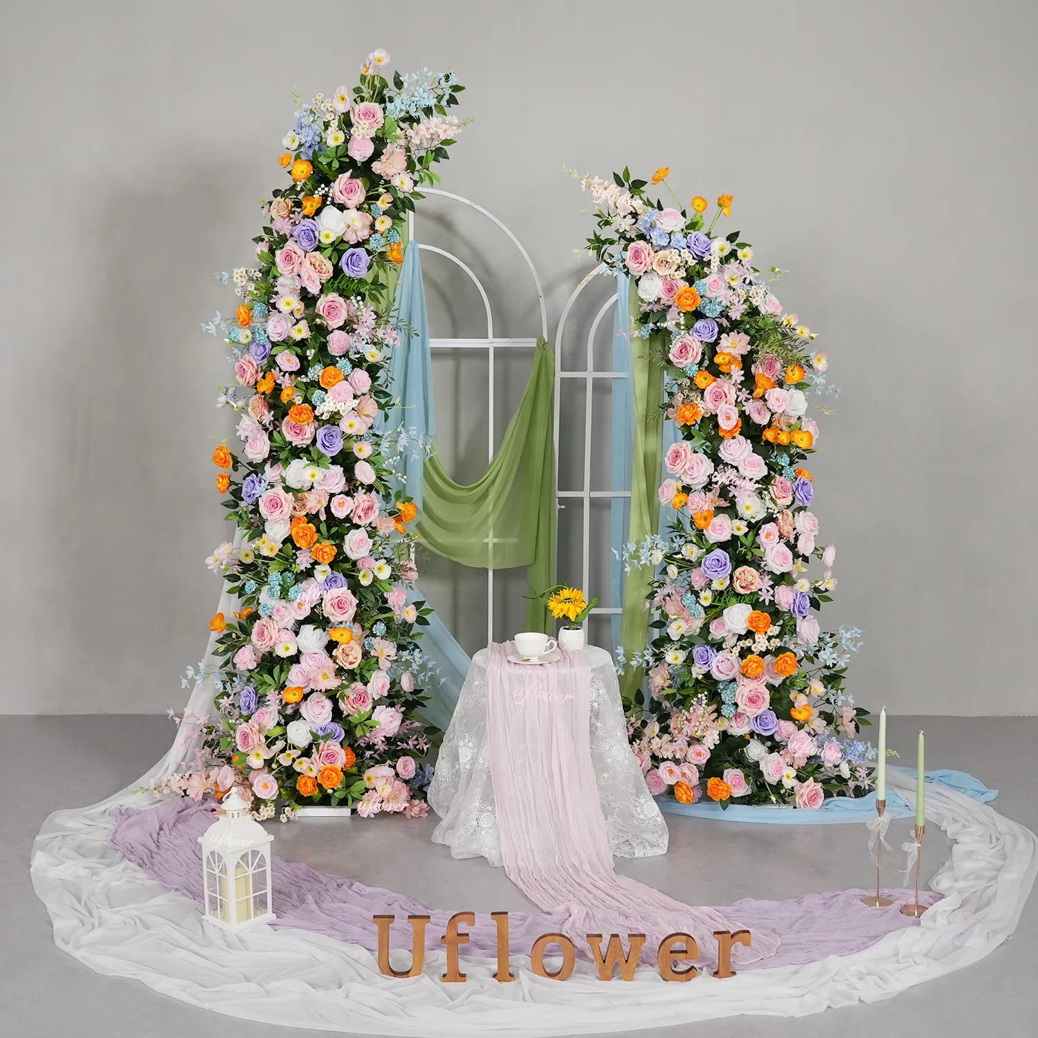 Uflower Pink Orange Greenery Floral Horn Arch Wedding Party Backdrop Decor SET80234