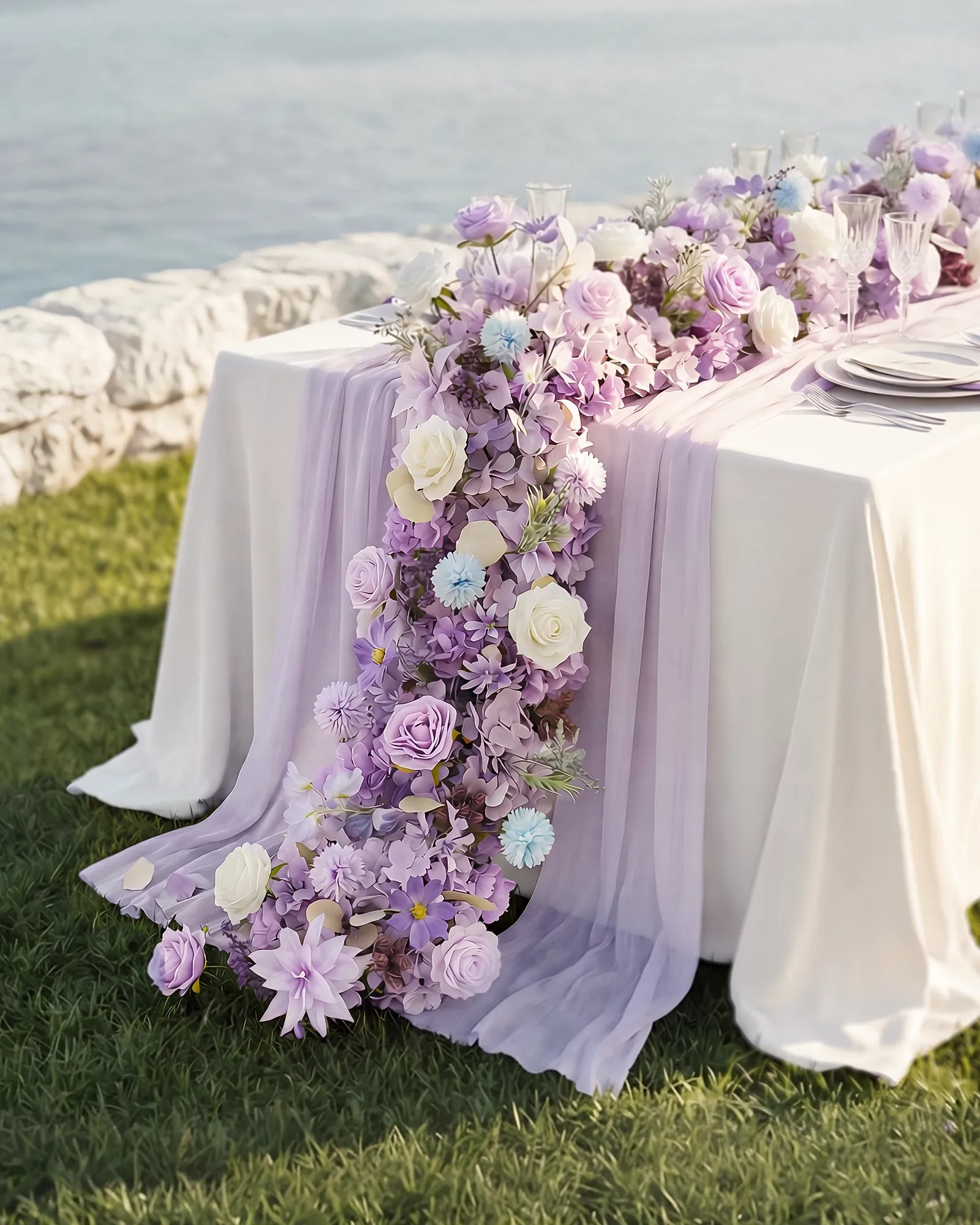 Uflower Purple White Flower Row with Drapes MC89007-01