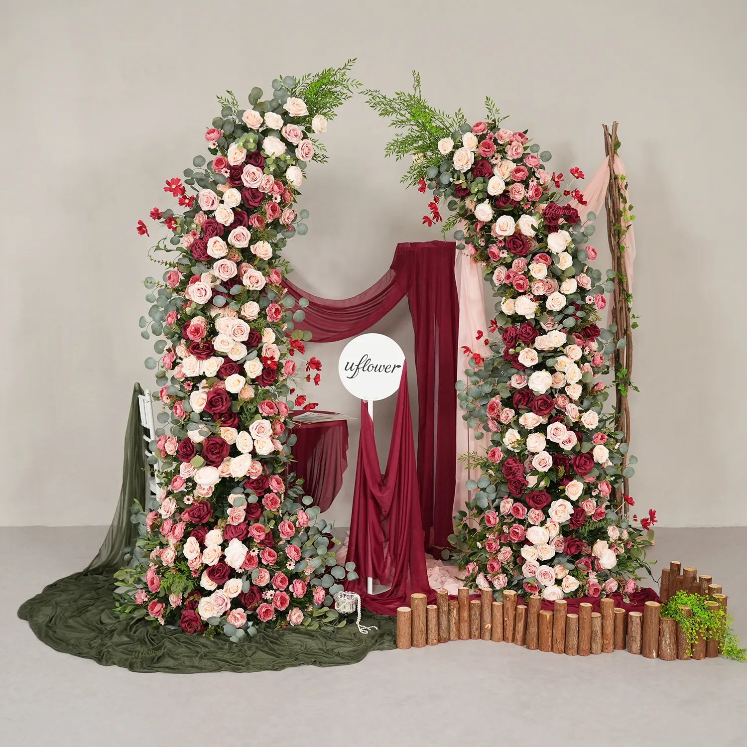Uflower Pink Red Rose Floral Horn Arch Wedding Party Backdrop Decor SET80229