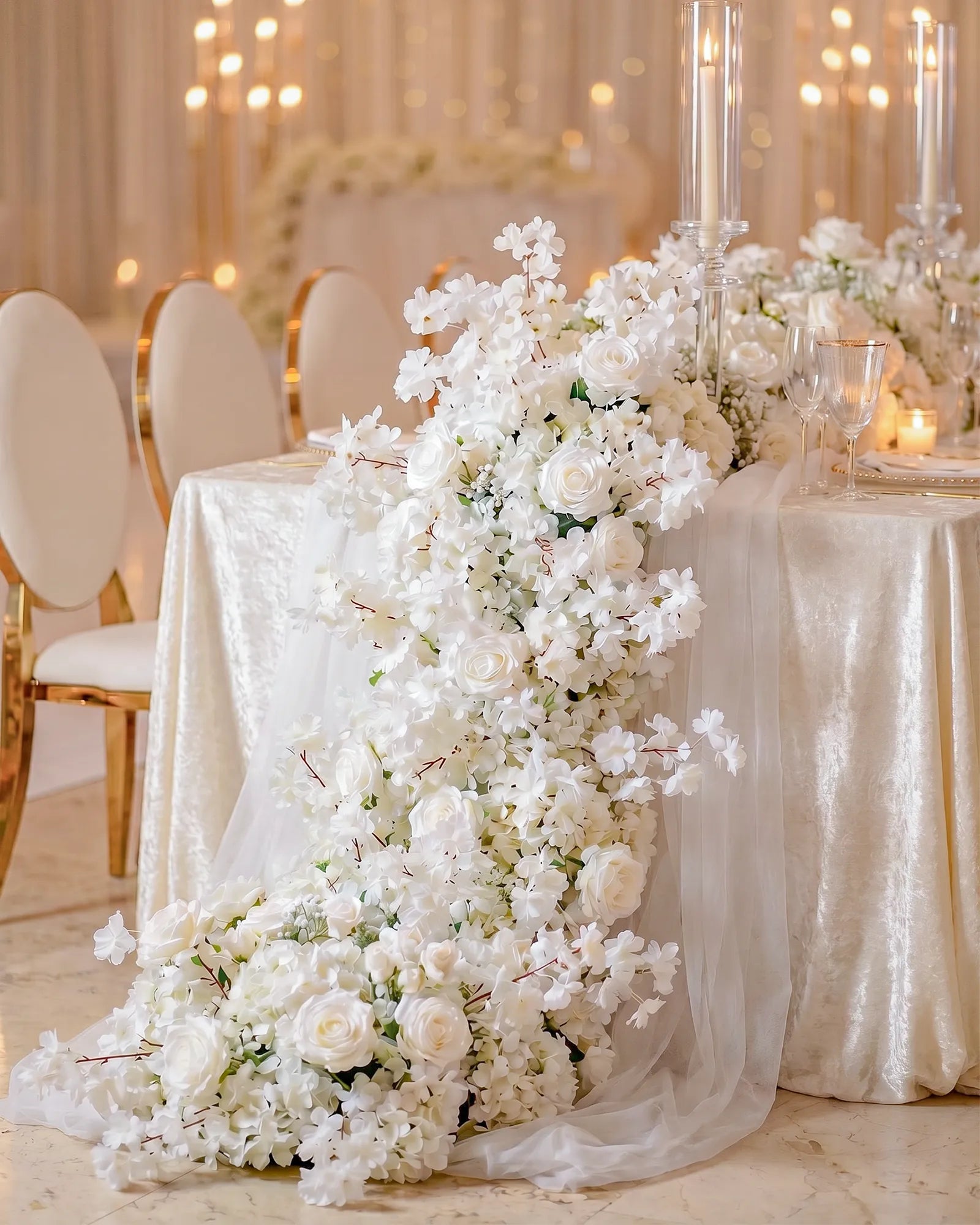Uflower 100cm White Rose & Sakura Blossom Flower Row with Drapes MC89001-01